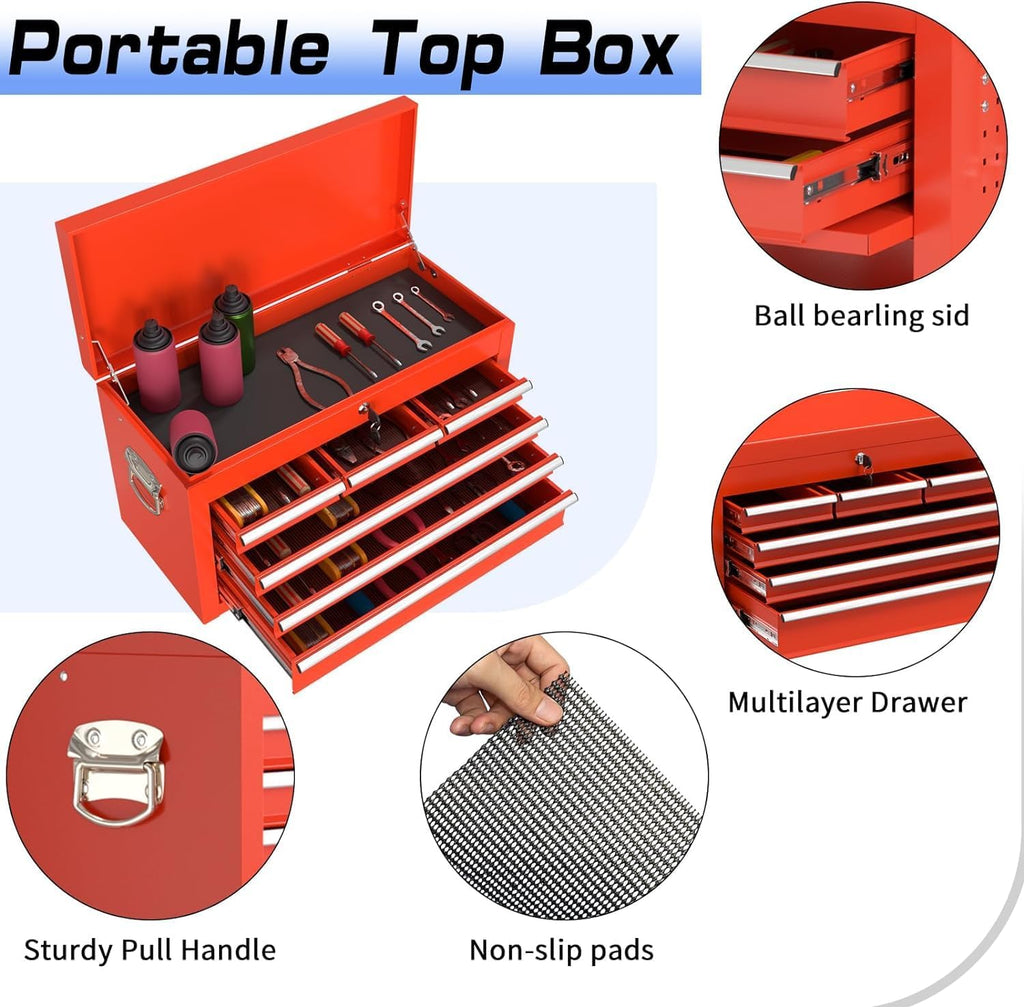 8 Drawer Rolling Tool Chest, High Capacity Tool Box with Lockable Wheels and Drawers, 2 in 1 Portable Toolbox Organizer Storage Cabinet For Garage, Warehouse, Repair Shop, Red