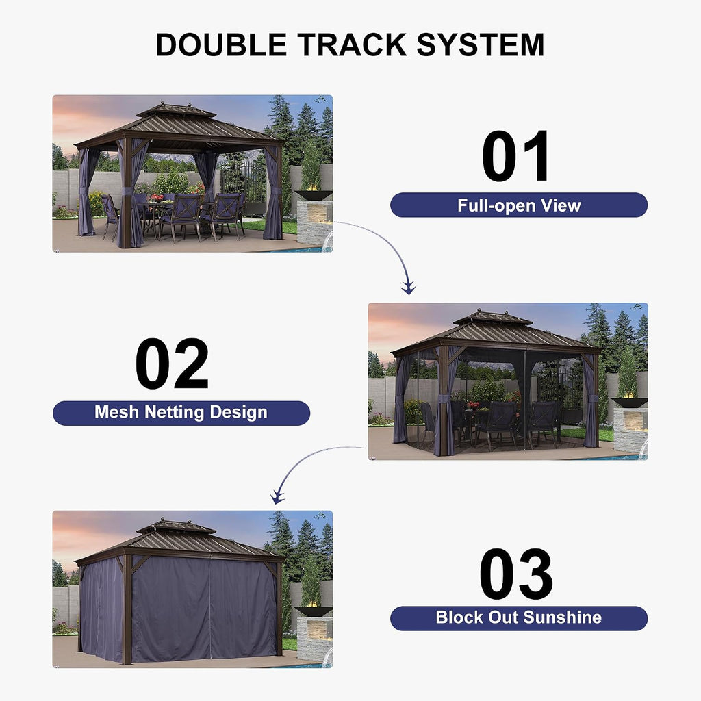PURPLE LEAF 10' X 14' Hardtop Gazebo Pavilion for Outdoor with Netting and Curtains Deck Backyard Heavy Duty Sunshade Large Metal Patio Permanent Canopy
