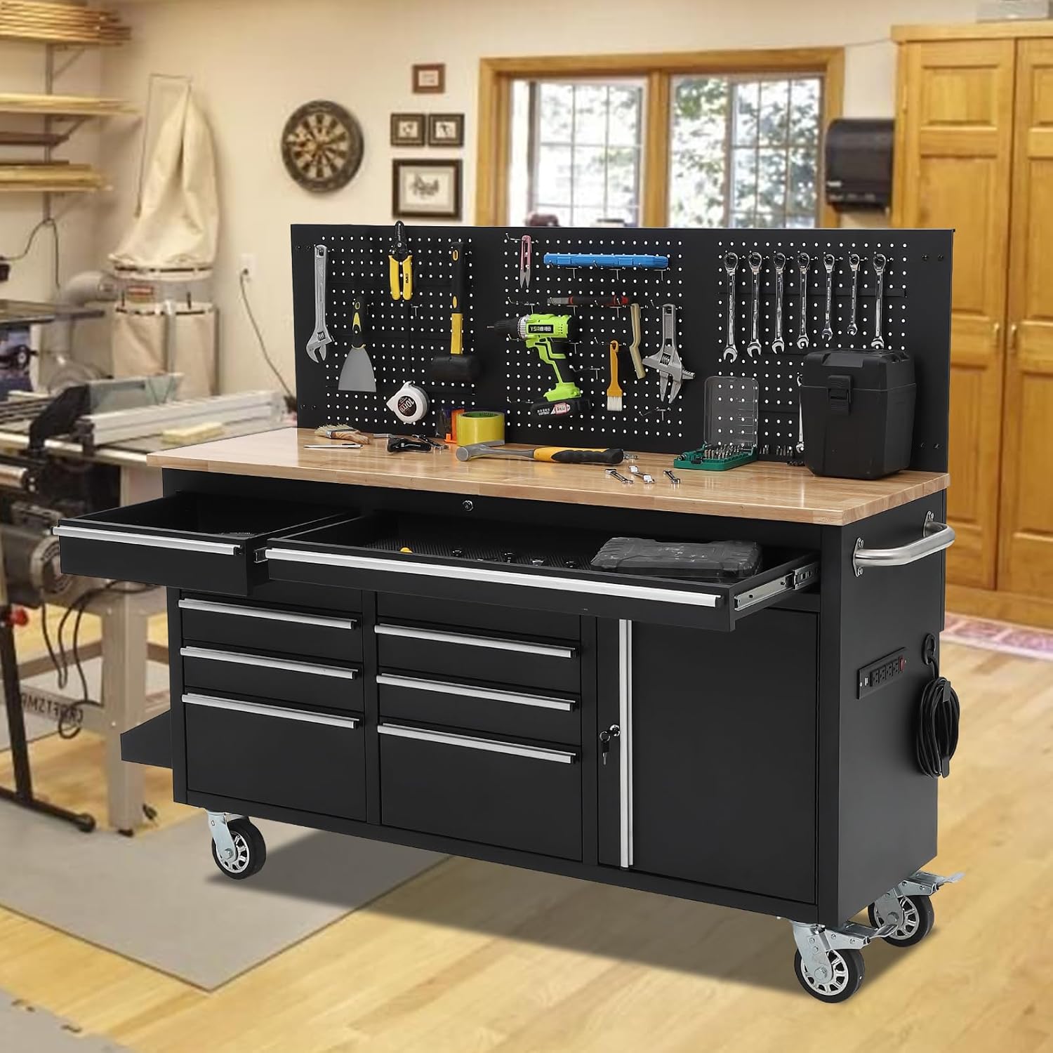 GAOMON 61-inch Rolling Tool Chest, 10 Drawers Garage Workbench Storage Tool Cabinet with Power Strip, Solid Rubber Wood Top, 1675 LBS Load Mobile Workstation, Heavy Duty Rolling Cabinet