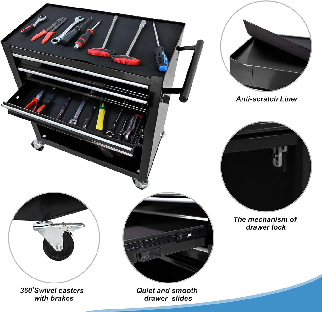 4 Drawers Tool Cart on Wheels, 4 Drawer Rolling Tool Chest, Trolley Organizer Tool Box Tool Case with 1 Cabinet, Multifunctional Tools Case for Garage,Warehouse,Workshop,Repair Shop (Black)