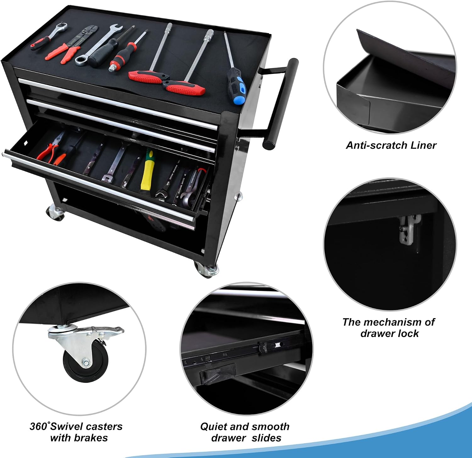 4 Drawers Tool Cart on Wheels, 4 Drawer Rolling Tool Chest, Trolley Organizer Tool Box Tool Case with 1 Cabinet, Multifunctional Tools Case for Garage,Warehouse,Workshop,Repair Shop (Black)