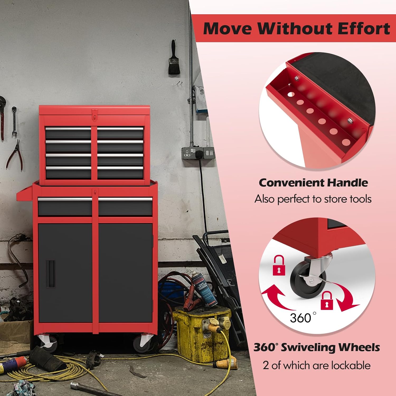 IRONMAX Rolling Tool Chest, Lockable 5-Drawer Tool Cabinet w/Tool Side Slot & Universal Wheels, 2 in 1 Detachable Tool Box Storage Organizer for Garage Workshop Auto Shop