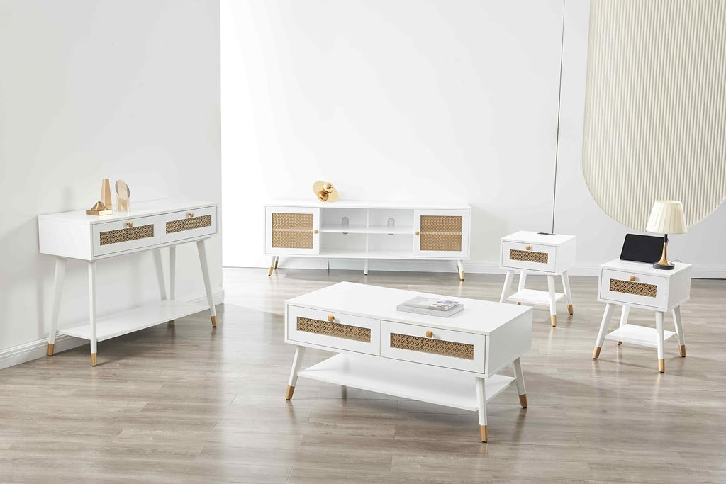 JYED DECOR White TV Stand for Living Room,66' Modern Entertainment Center with Storage Cabinets, Fluted Boho TV & Media Console (White and Gold,)