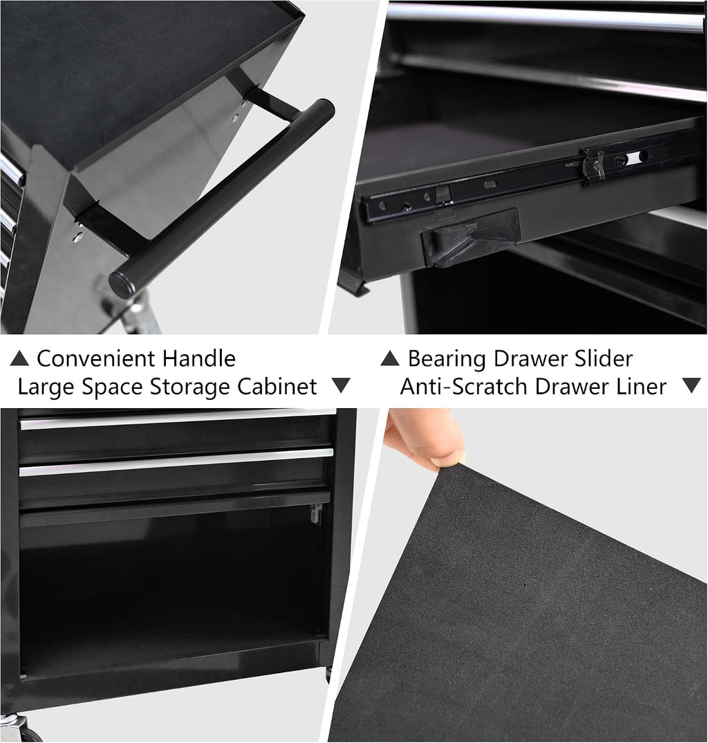 4 Drawers Rolling Tool Chest Cart. Tool Storage Cabinet with 4 Wheels.Tool Cabinet Trolley with Locking System and Drawer Liners.Tool Storage Cart for Garage,Workshop. 24.4' Toolbox Cart