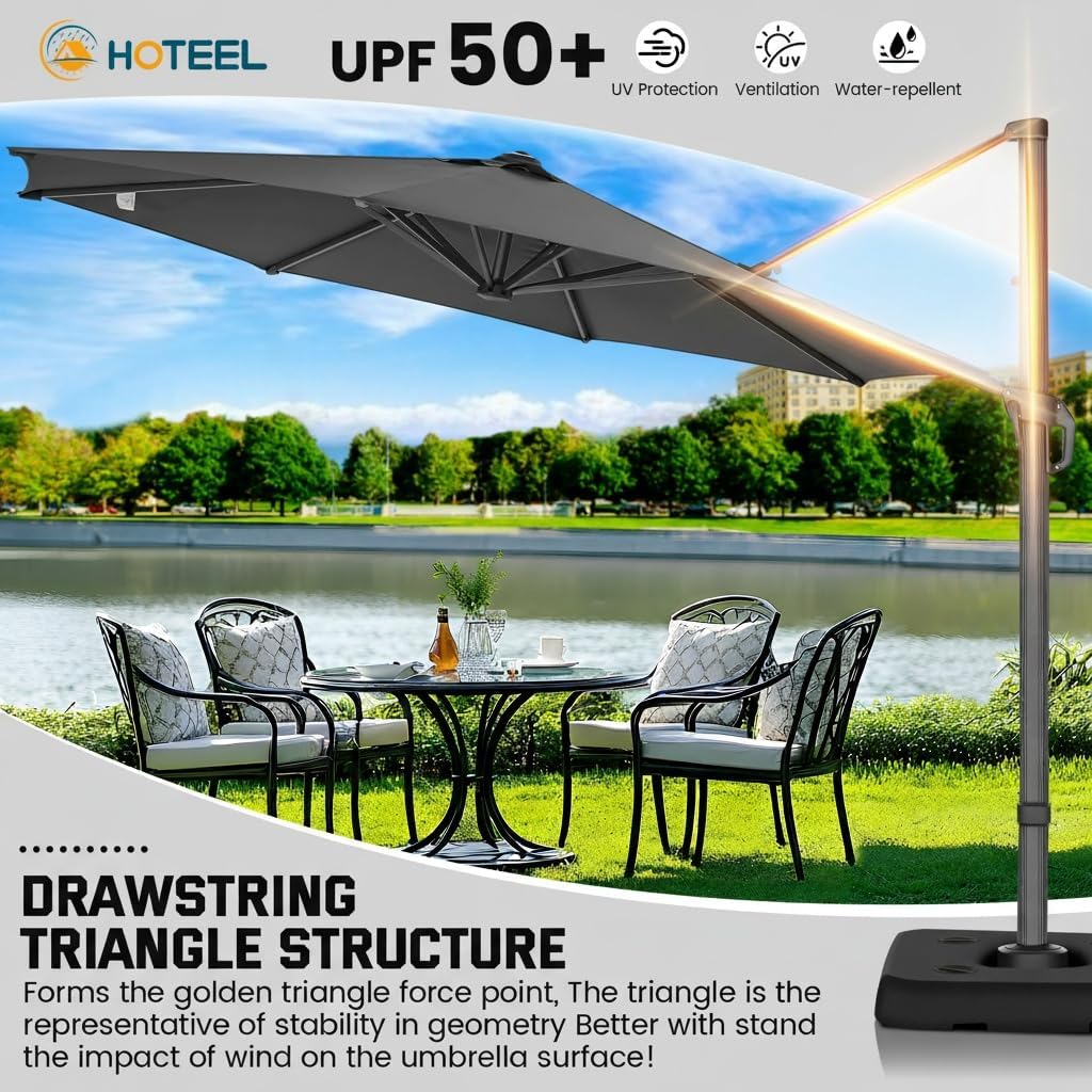 Hoteel 10ft Patio Umbrella Heavy Duty Aluminum Windproof & Shade Provision Outdoor Cantilever Round Offset Large Umbrella Height Adjustable with 360°Rotation for Patio Pool Deck Gazebo, Gray
