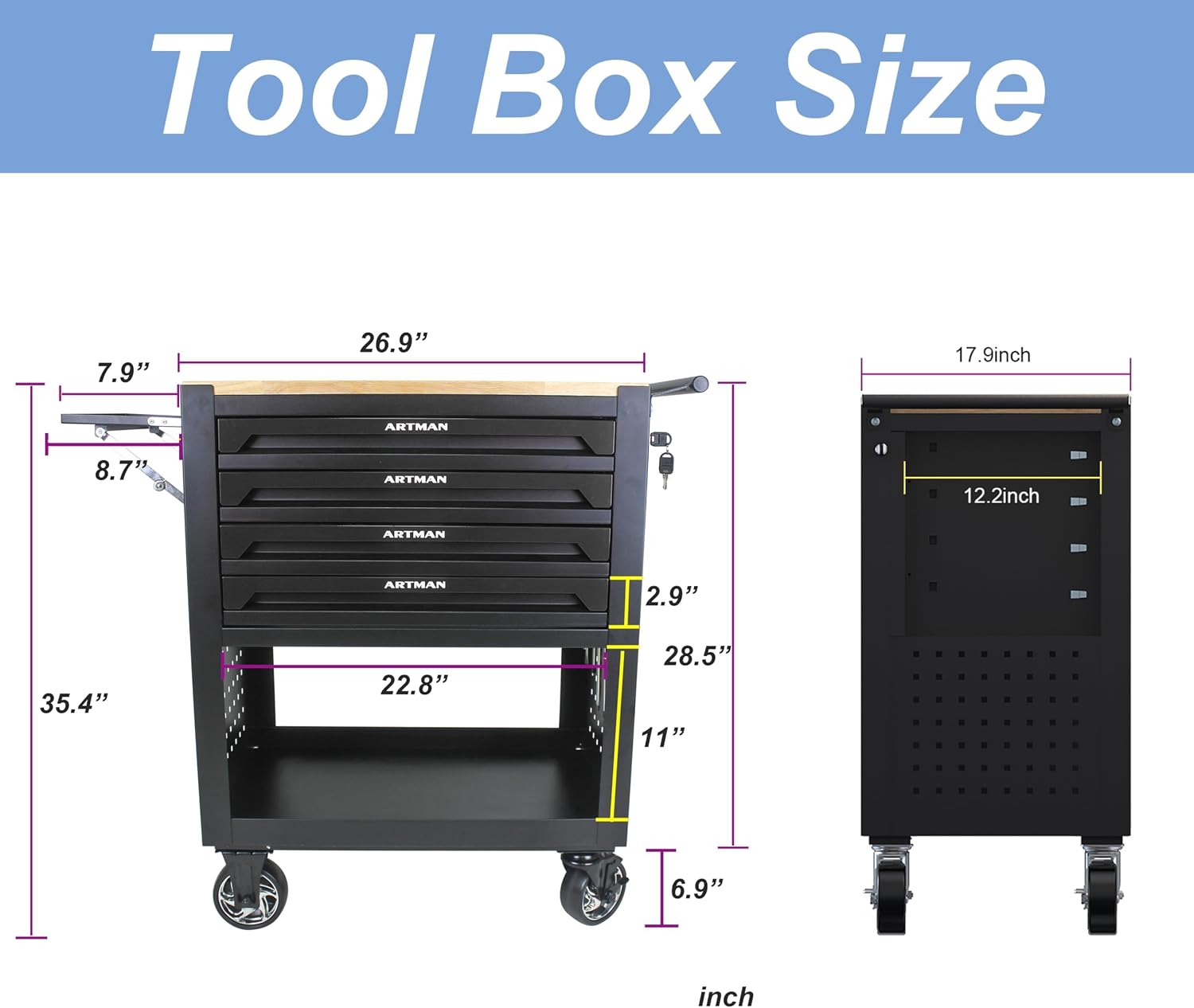 4 Drawers Tool Chest on Wheels,Tool Storage Cart with Wooden Top,Drawers Rolling Tool Box Organizer Tool Case with Lock for Garage,Warehouse,Workshop,Repair Shop (4 Drawers-35.4' H-Black)