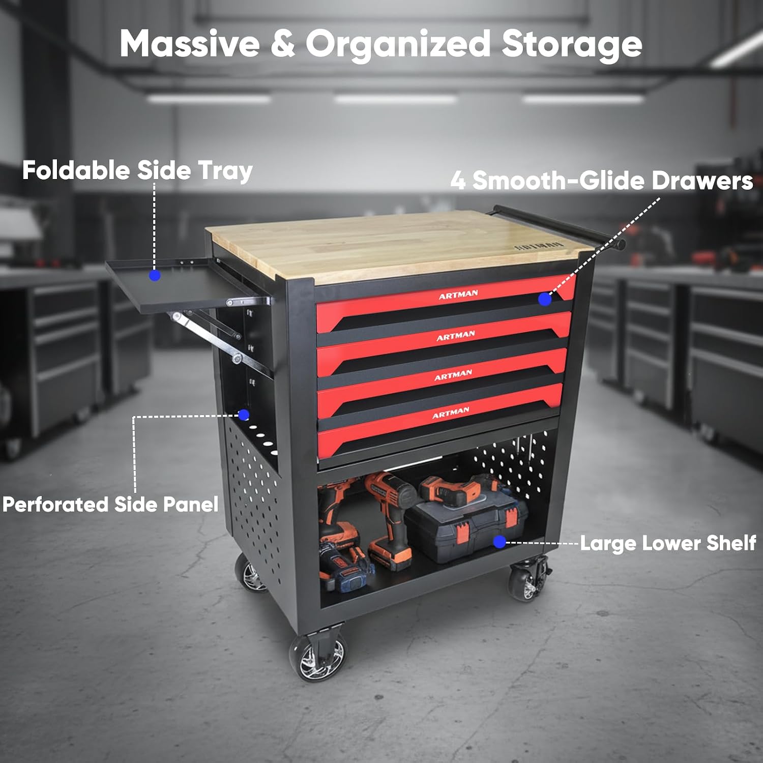 JOYBASE Rolling Tool Chest with 4 Drawers & Wood Top, Heavy Duty Steel Tool Cart on Wheels, Mobile Garage Organizer & Storage Cabinet for Workshop & Mechanic (Black & Red)