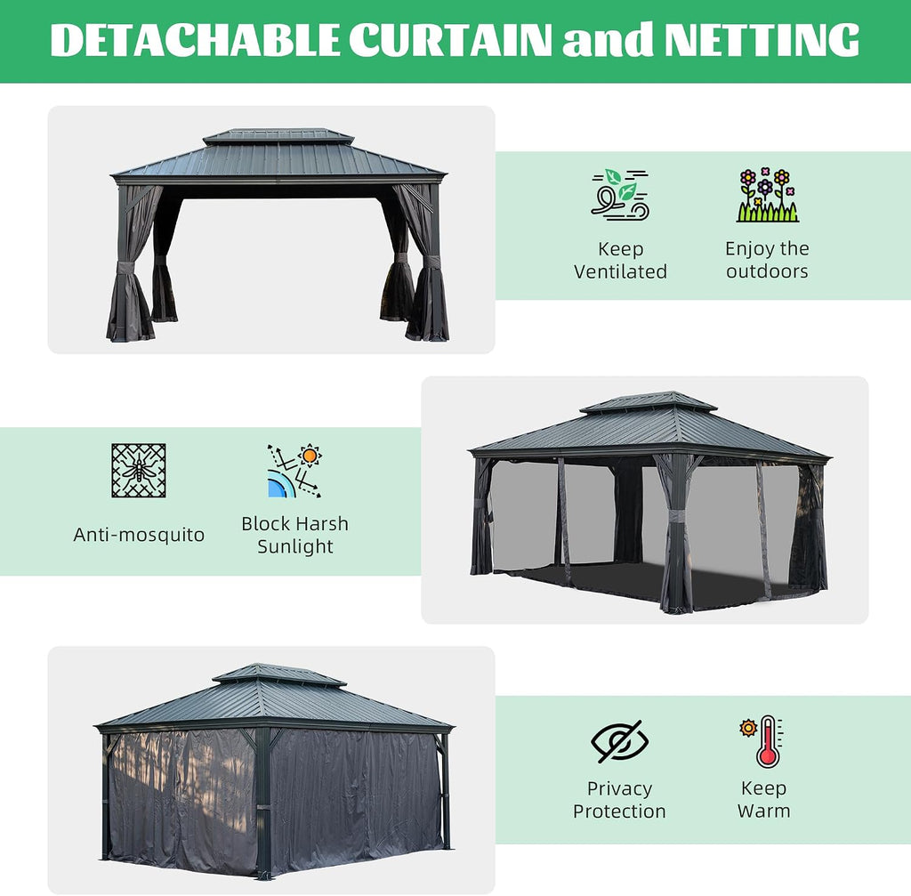 Domi 10x14FT Hardtop Gazebo, Outdoor Gazebo with Double Galvanized Steel Roof, Metal Pavilion Shelter for Patio, Lawn and Garden, Detachable Curtain and Netting Included, Gray