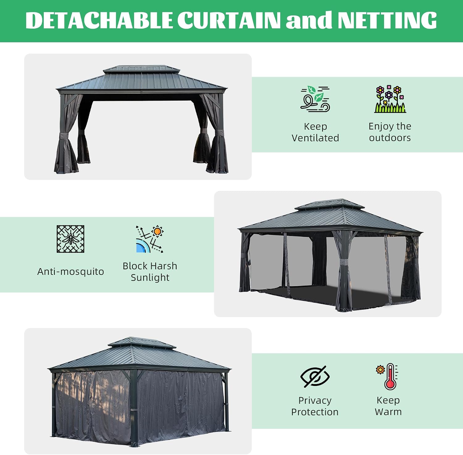 Domi 10x14FT Hardtop Gazebo, Outdoor Gazebo with Double Galvanized Steel Roof, Metal Pavilion Shelter for Patio, Lawn and Garden, Detachable Curtain and Netting Included, Gray