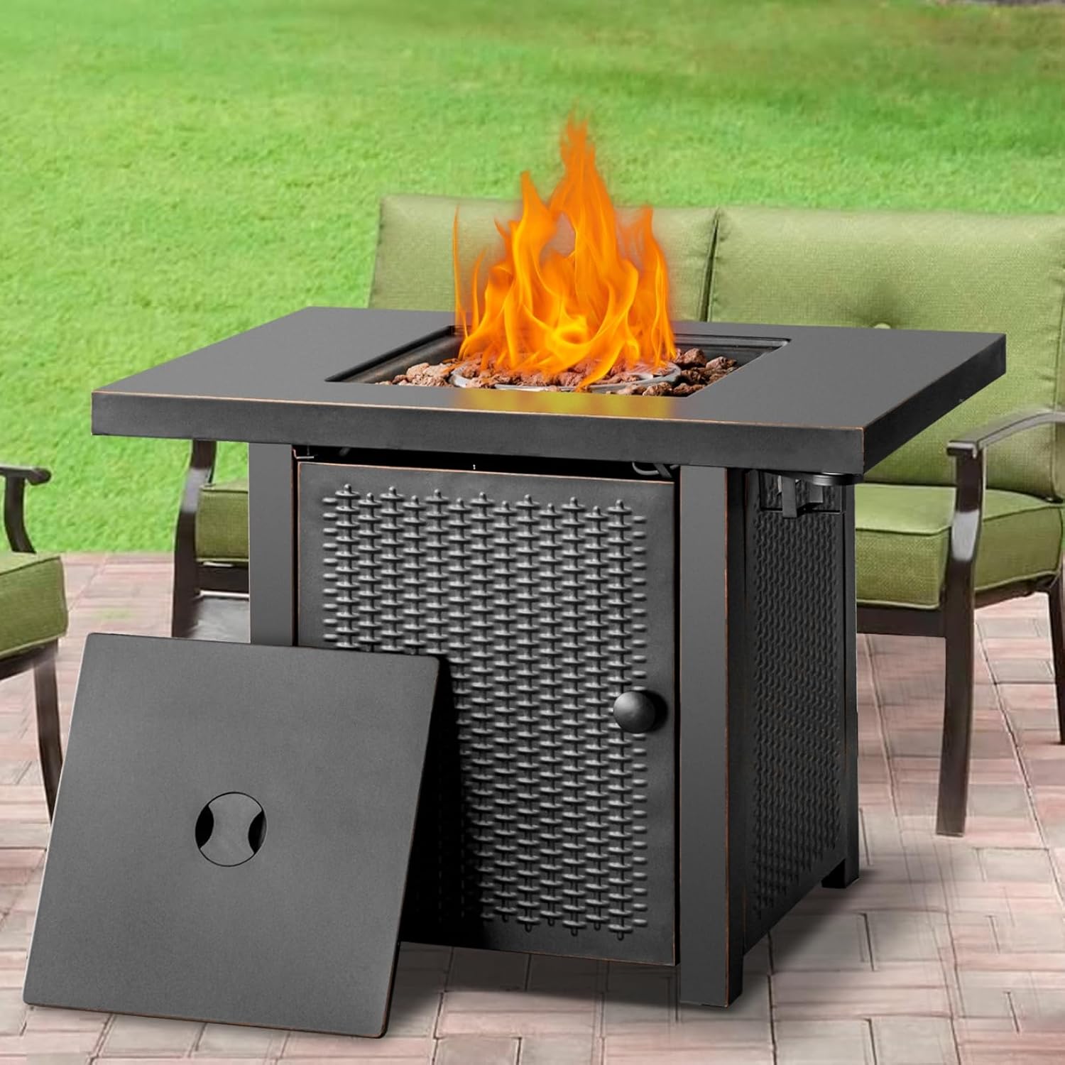 OutVue 32 Inch Propane Fire Pit Table, Outdoor Gas Fire Pits with 2 Drink Holders, Lid & Lava Rock, 50000 BTU Firepit Table for Dinning, Party in Outside, Patio, Garden or Yard