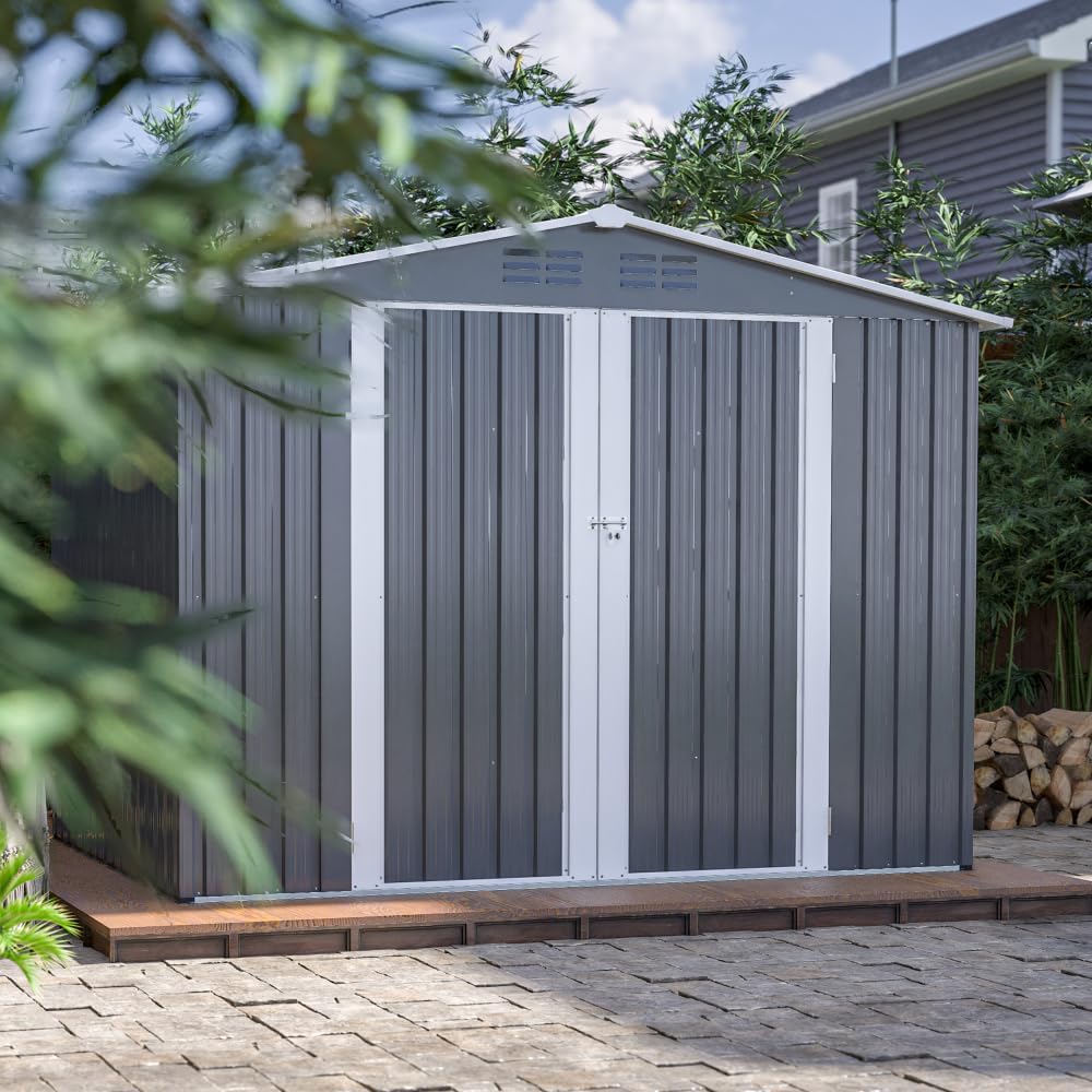 Large Outdoor Storage Shed 10x12 FT, Heavy-Duty Metal Garden Tool Organizer with Lockable Doors and Weather-Resistant Roof for Backyard (8x6 ft with Floor Frame)