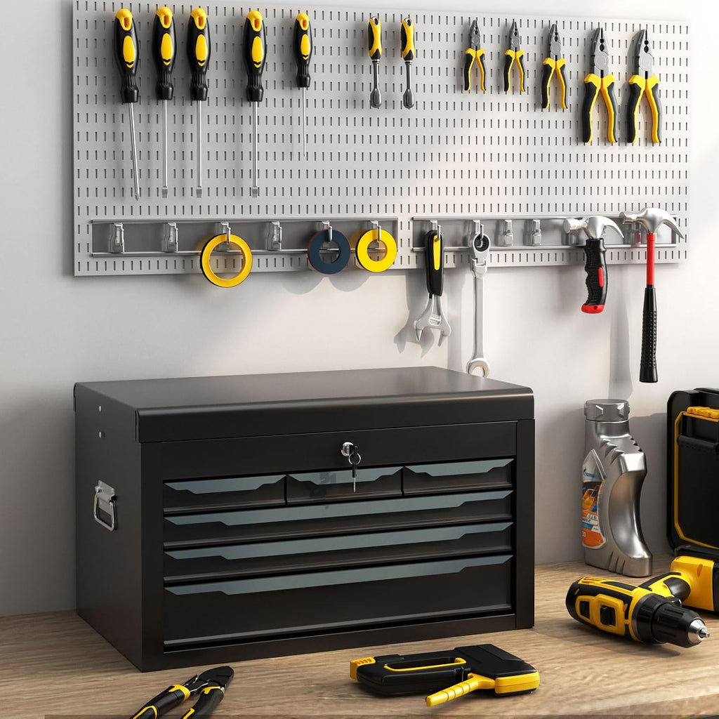 ARNOT Large Metal Tool Box, Tool Box with 6 Drawers & Top Tray, Heavy-Duty Steel Tool Chest with Auto-Locking Drawers and Side Handles for Garage & Workbench (Black)