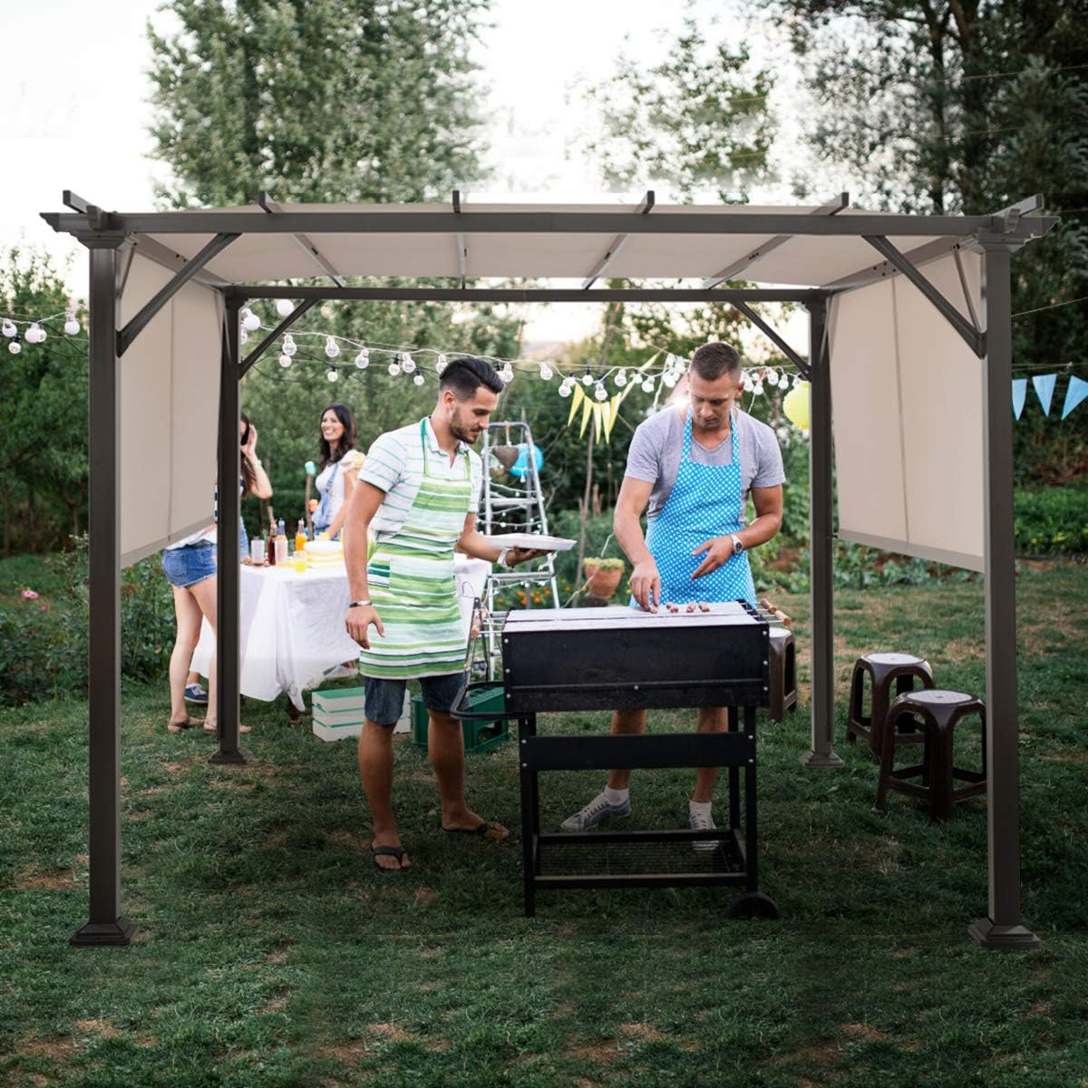Tangkula 10x10FT Outdoor Patio Shade Structure, Steel Pergola with Retractable Canopy Shades, Rustproof Metal for Patio, Backyard, Garden (Beige)