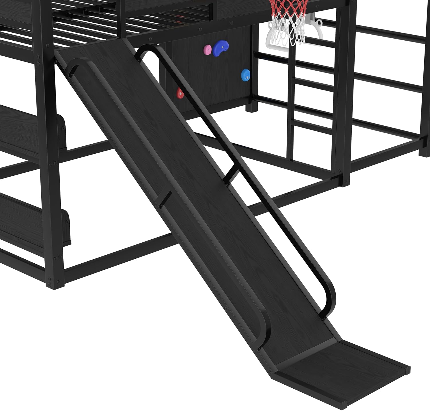 SOFTSEA Full Size Metal Loft Bed with Slide, Heavy Duty Bunk Bed with Bookshelves, Basketball Hoop, Climbing Wall & Pull Up Rings for Kids Teens, Playful Basketball Slide Bed Loft Bed Frame, Black