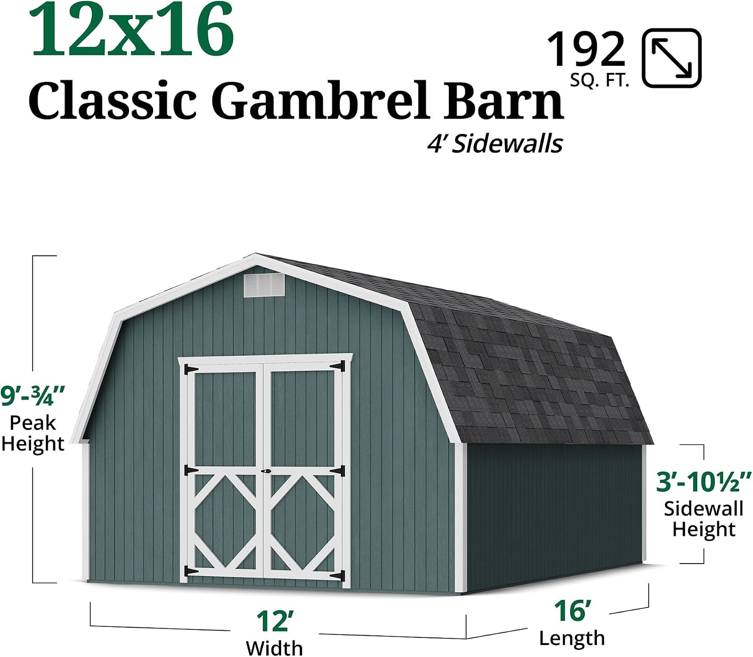 Little Cottage Co. 12x16 Classic Gambrel Barn with 4 ft. Sidewalls with Floor, Outdoor Wood Storage Shed Do-It-Yourself Precut Kit