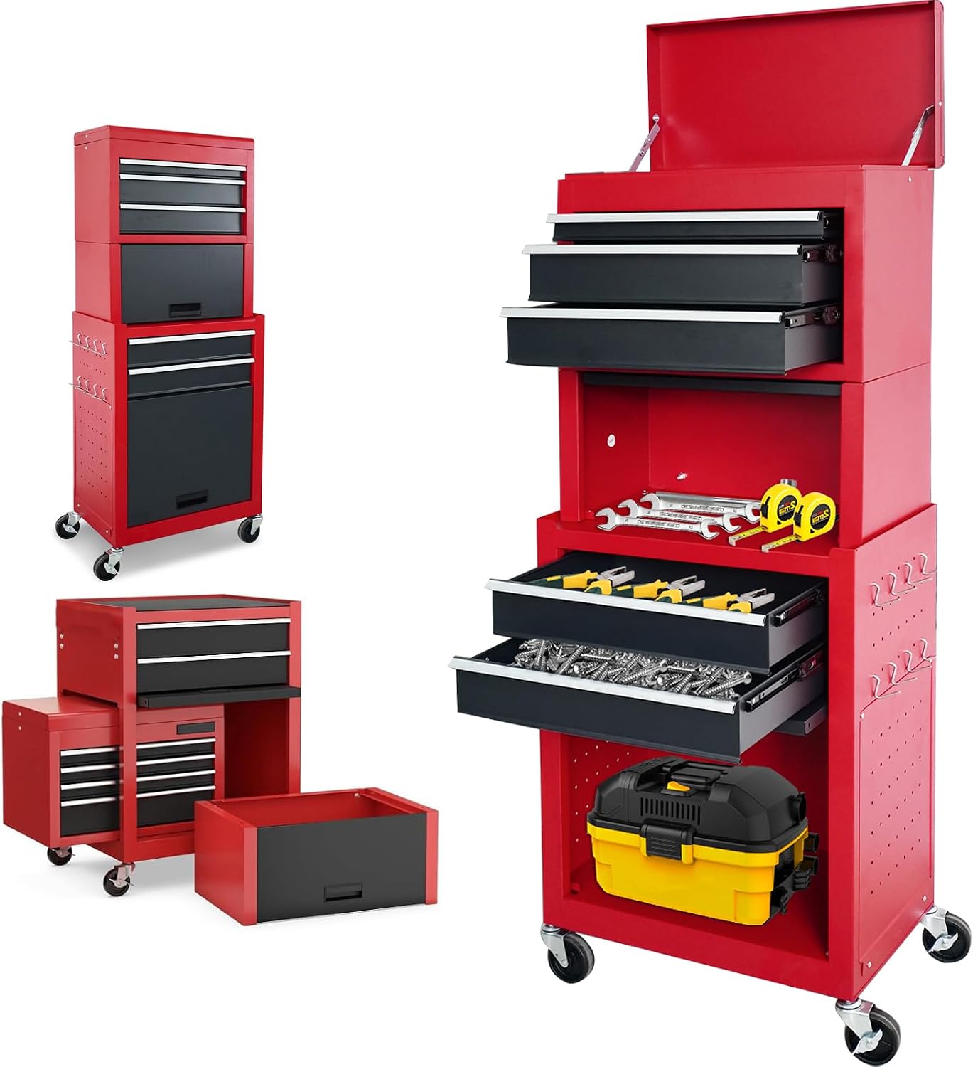 Rolling Tool Chest, 3-in-1 Detachable Metal Tool Box with Wheels & Drawers, High Capacity Toolbox Organization Sliding Drawers Garage Storage Box Cabinet Tools Cart for Warehouse Workshop