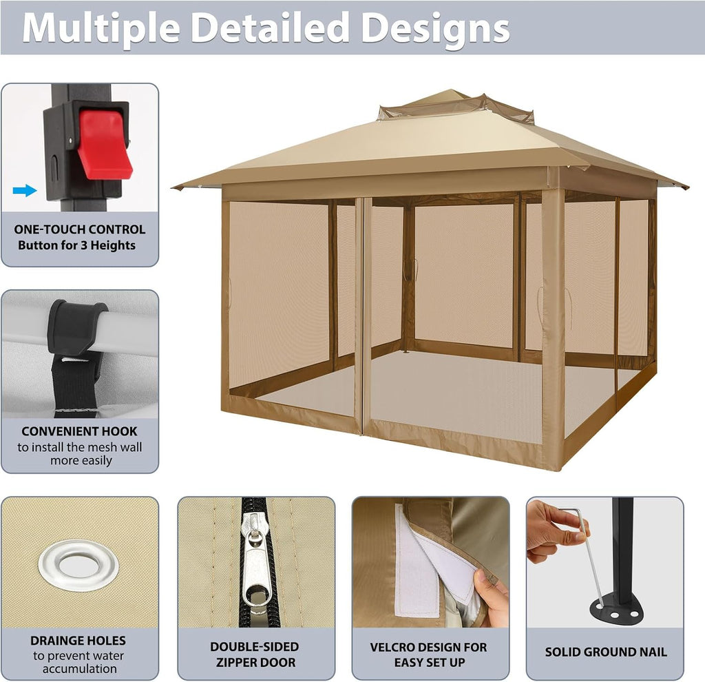 COBIZI Pop Up Gazebo 11x11 One-Push Canopy Tent, Carpas Para Patio, Outdoor Canopy Shelter with Double Roof Ventiation 121 Square Feet of Shade for Lawn, Garden, Backyard and Deck, Khaki(Upgraded 2.0)
