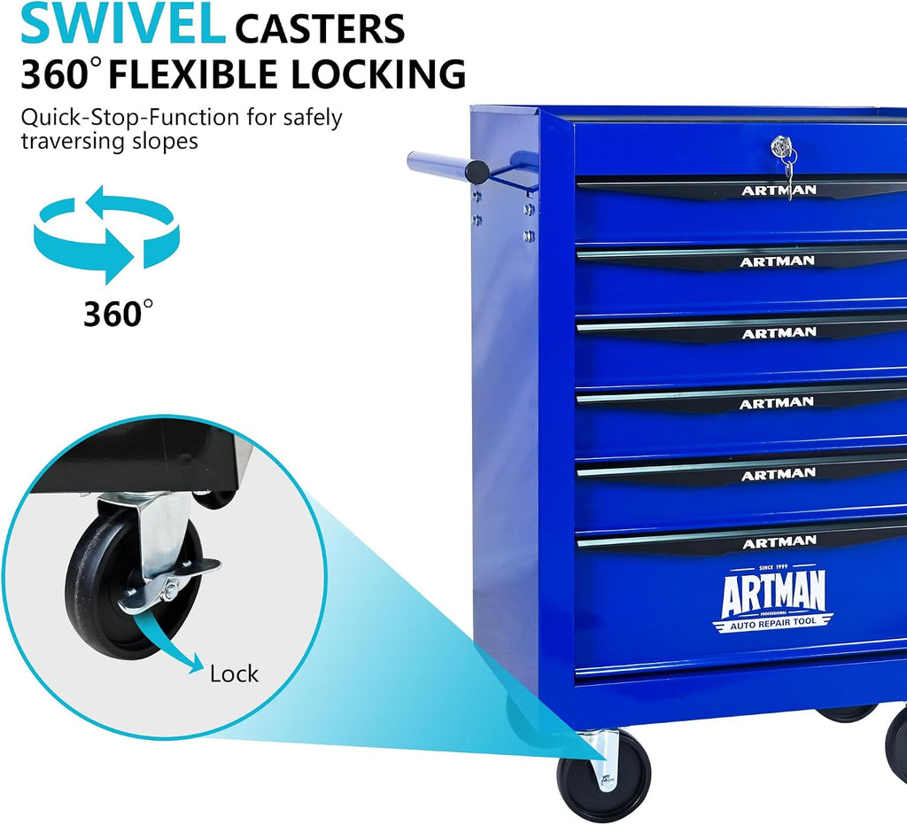 6 Drawers Rolling Tool Box on Wheels, Multifunctional Tool Chest Cabinet with Lock, Drawers Rolling Tool Cart Trolley Organizer Tool Storage Case for Warehouse,Garage,Workshop (Blue)