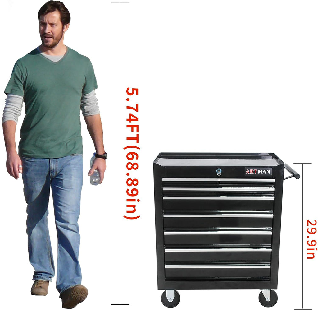 Tool Cart on Wheels 24.2in，7 Drawers Rolling Tool Box，Locked Drawers Storage Organizer Cabinet for Garage, Warehouse, Repair Shop, Workshop