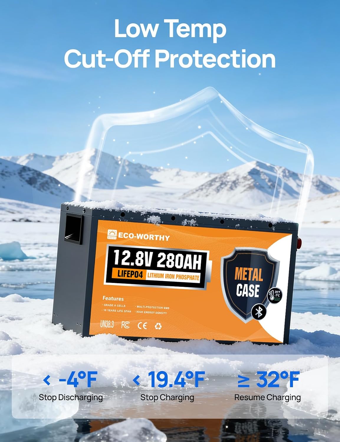 ECO-WORTHY 12V 280Ah Metal Case LiFePO4 Lithium Battery with Bluetooth, Low-Temp Protection, Built in 200A BMS, 3584Wh Max for Off-Grid Solar, RV, Camper, Trolling Motor, Home Use