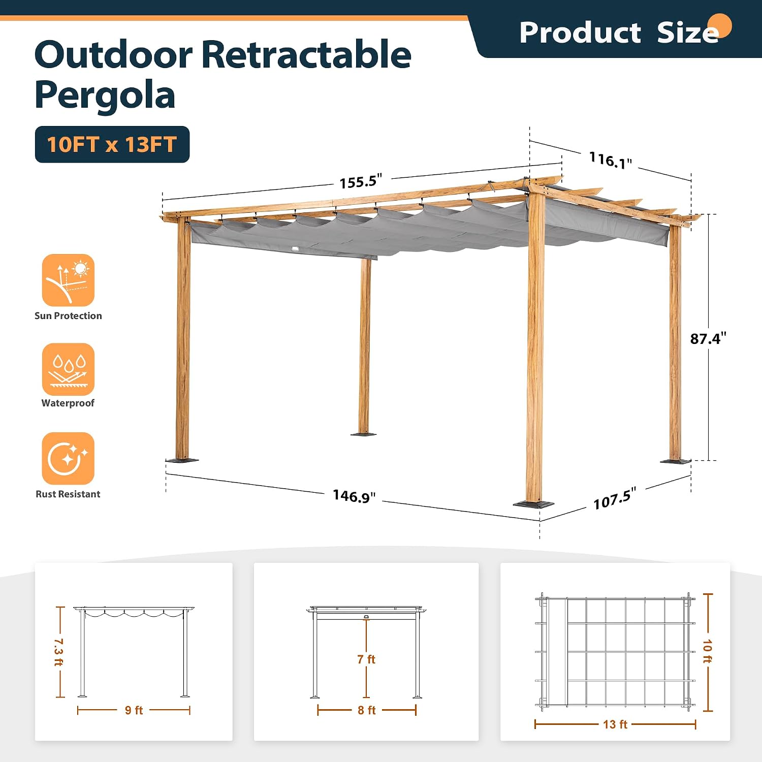 HAPPATIO 10' X 13' Wood-Grain Aluminum Pergola - Adjustable Sun Shade Canopy with Retractable Roof for Backyard, Deck, Patio, by The Pool（Gray）