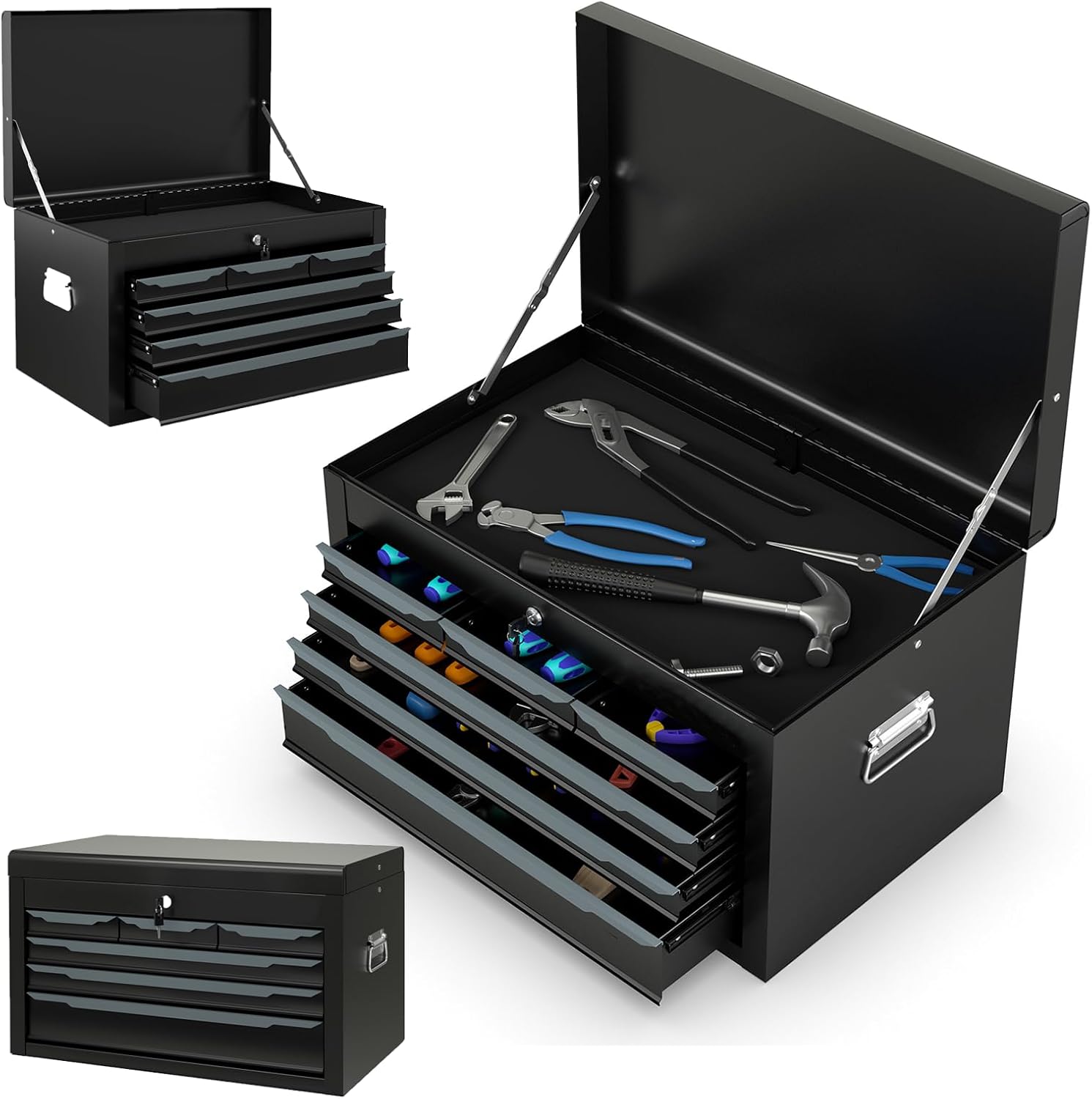 ERGOMASTER Steel Tool Box, 24'' Metal Tool Box with 6 Drawers, Lockable Heavy Duty Tool Chest Cabinet Storage Toolbox for Garage, Workshop, Repair Shop (Black-6 Drawers)