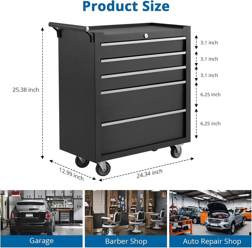 5-Drawers Rolling Tool Chest, Tool Storage Cabinet Organizer with Wheels and Lock System, Portable Toolbox Cart for Garage, Warehouse, Workshop & Repair Shop