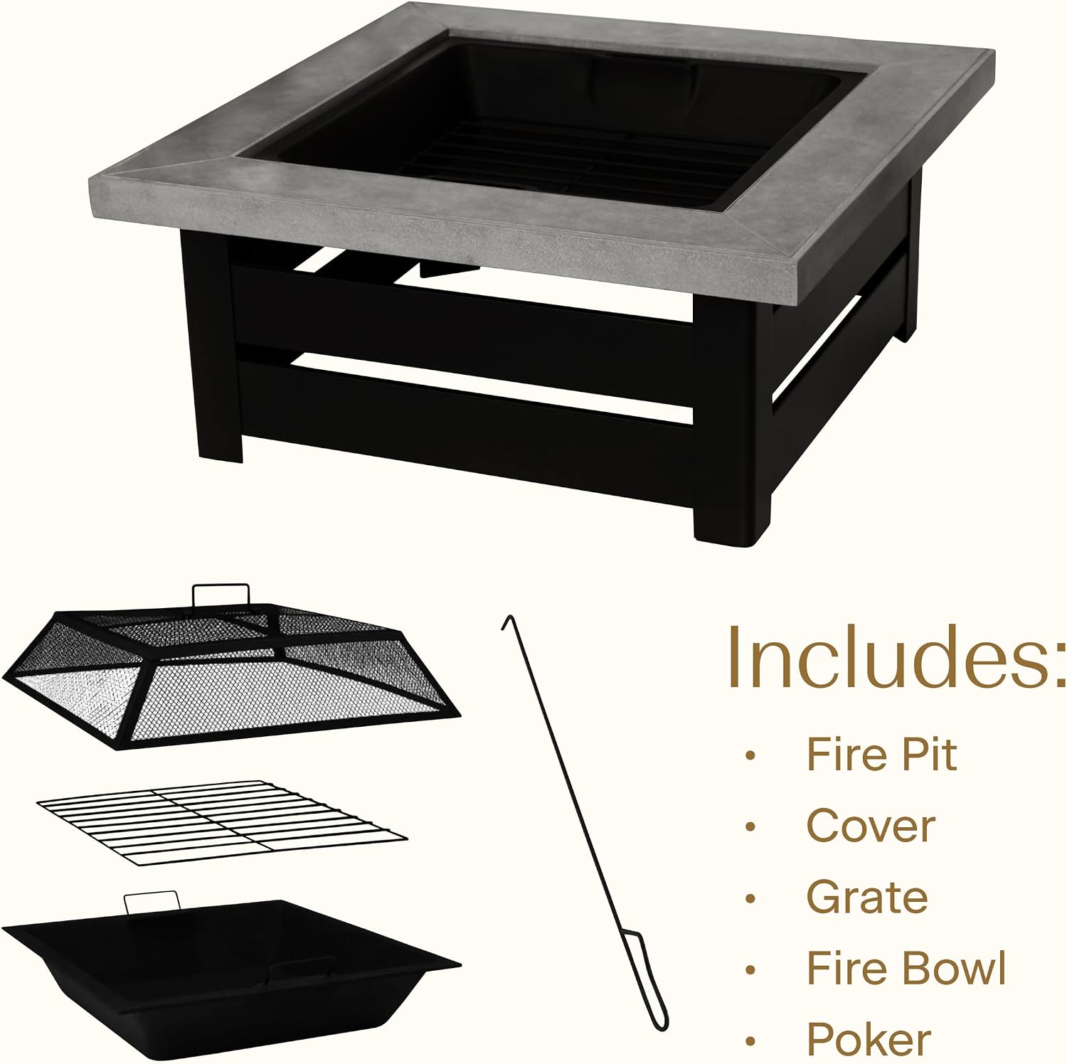 Honeycomb Outdoor Edisto Wood Burning Fire Pit with Cover and Poker, White Frame with Wood Grain Finish, Ceramic Tile Tabletop