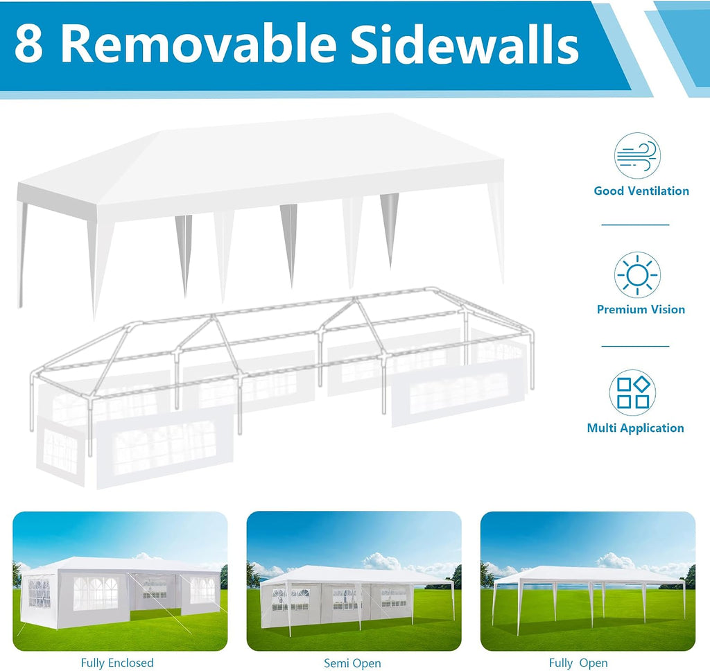 Nyckolas White 10x30 Outdoor Canopy Tent for Party,8 Removable Sidewalls with Windows,Sunshade & Waterproof,Heavy Duty Metal Frame,Easy to Assemble,Perfect for Outdoor Events,Party,Backyard,Camping