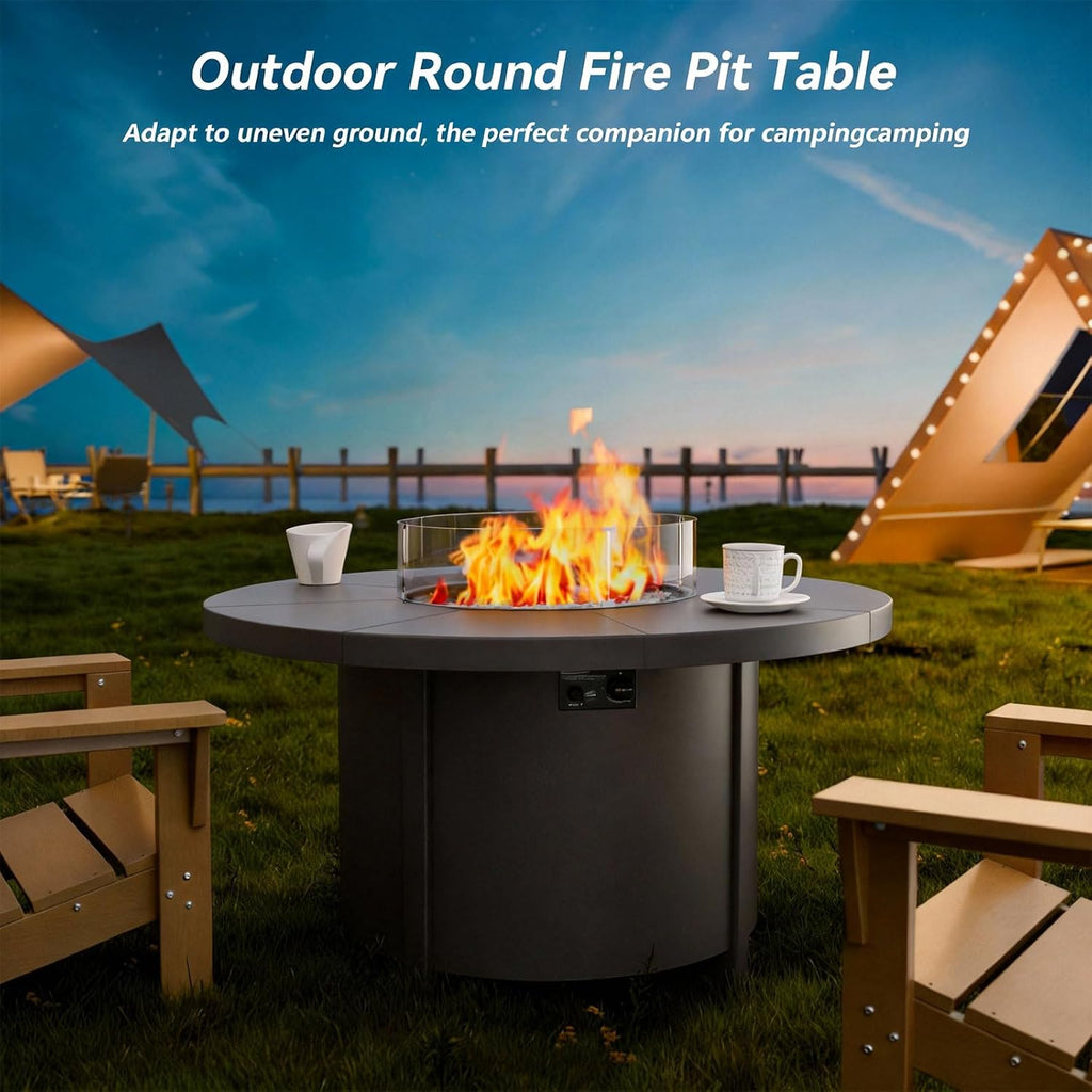 48' Round Propane Fire Pit,Steel Tabletop Fire Pit w Lava Rocks,55000 BTU Auto-Ignition CSA Certified Gas Fire Pits with Lid & Windproof Glass for Outdoor,Patio,Backyard