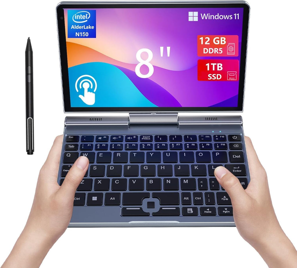 KOOFORWAY 8' Mini Laptop 2-in-1 HD Touchscreen Portable, Win 11 Pro Portable Pocket PC, N150 12 GB LPDDR5 1TB M.2 SSD, Wi-Fi 6, BT 5.2 2 MP Camera, G-Sensor, HDMI, Type C