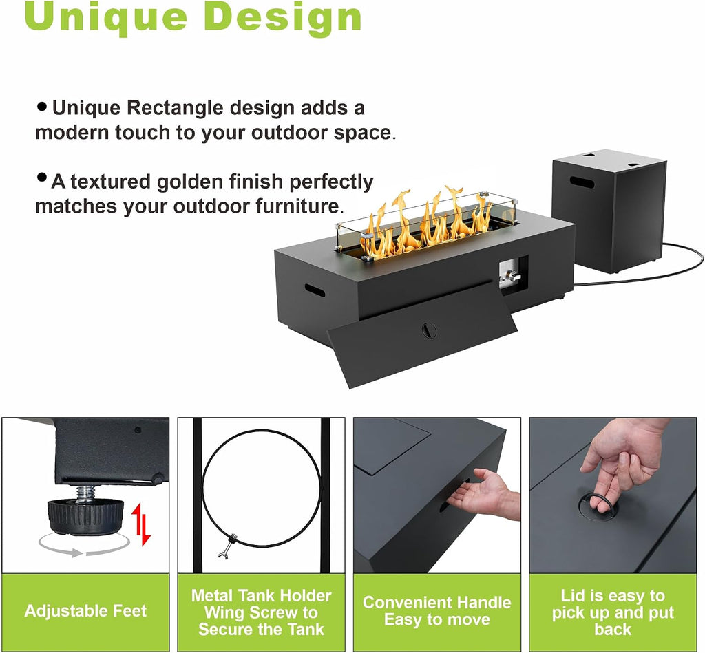 Dineli 2-Piece Outdoor Propane Fire Pit Table Set w Tank Table 42'' Rectangular Firepit Gas Fire Pits for Outside Patio Fire Table Tabletop Fire Pits w LED, 50,000 BTU, Black