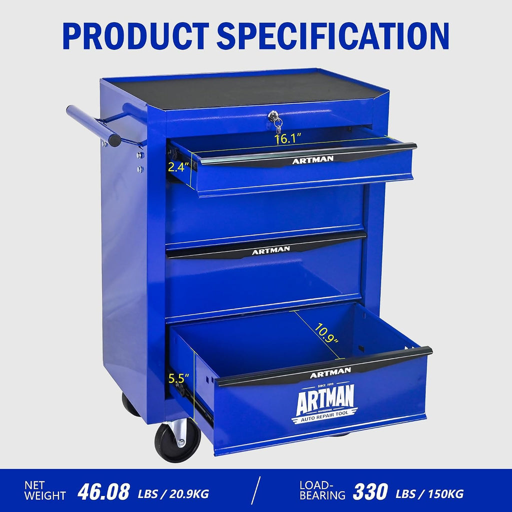 4 Drawers Tool Cart on Wheels, Multifunctional Rolling Tool Chest, Drawers Mobile Trolley Organizer Heavy Duty Tools Box with Locking Wheels & Ball Bearing Drawers (Blue, 4 Drawers)