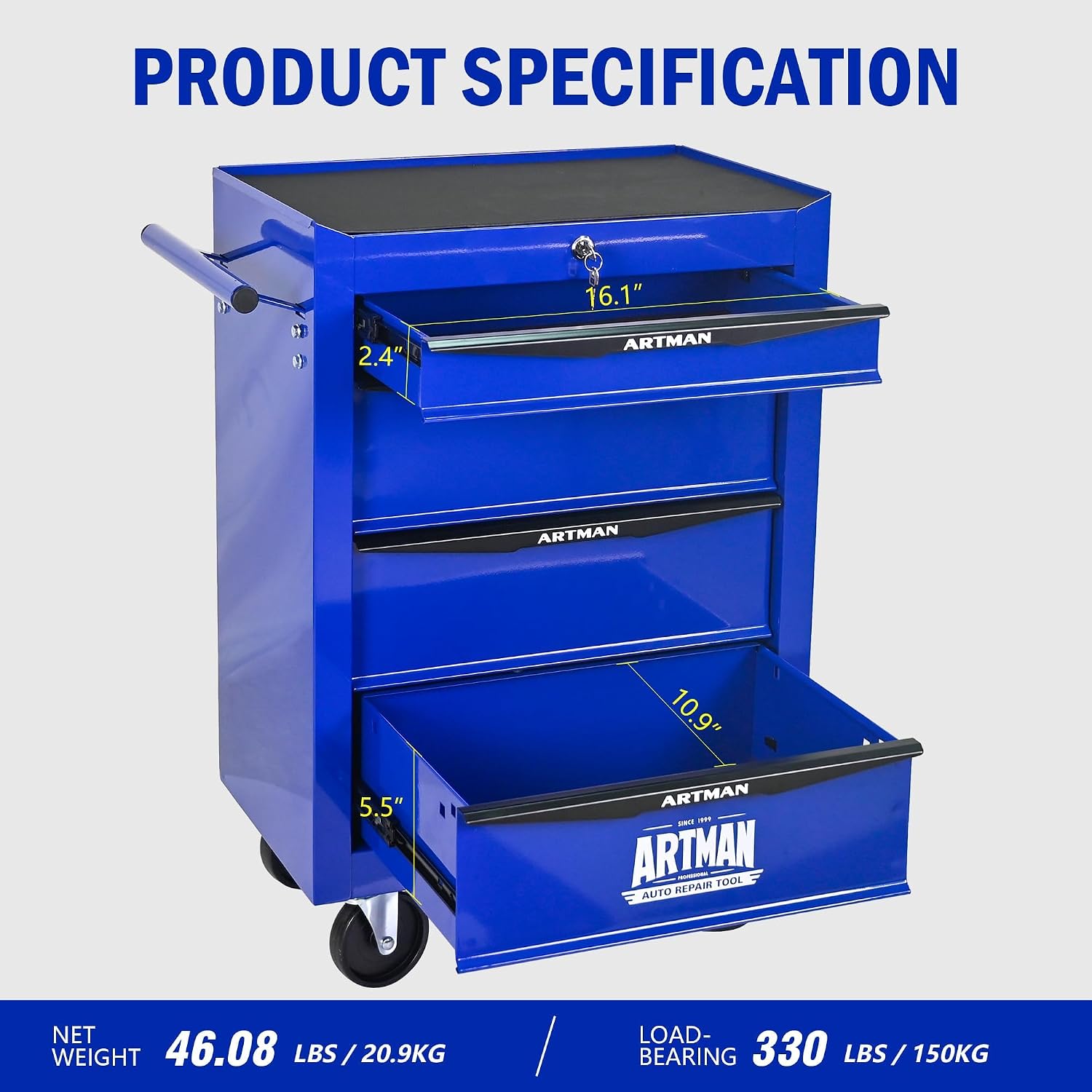 4 Drawers Tool Cart on Wheels, Multifunctional Rolling Tool Chest, Drawers Mobile Trolley Organizer Heavy Duty Tools Box with Locking Wheels & Ball Bearing Drawers (Blue, 4 Drawers)