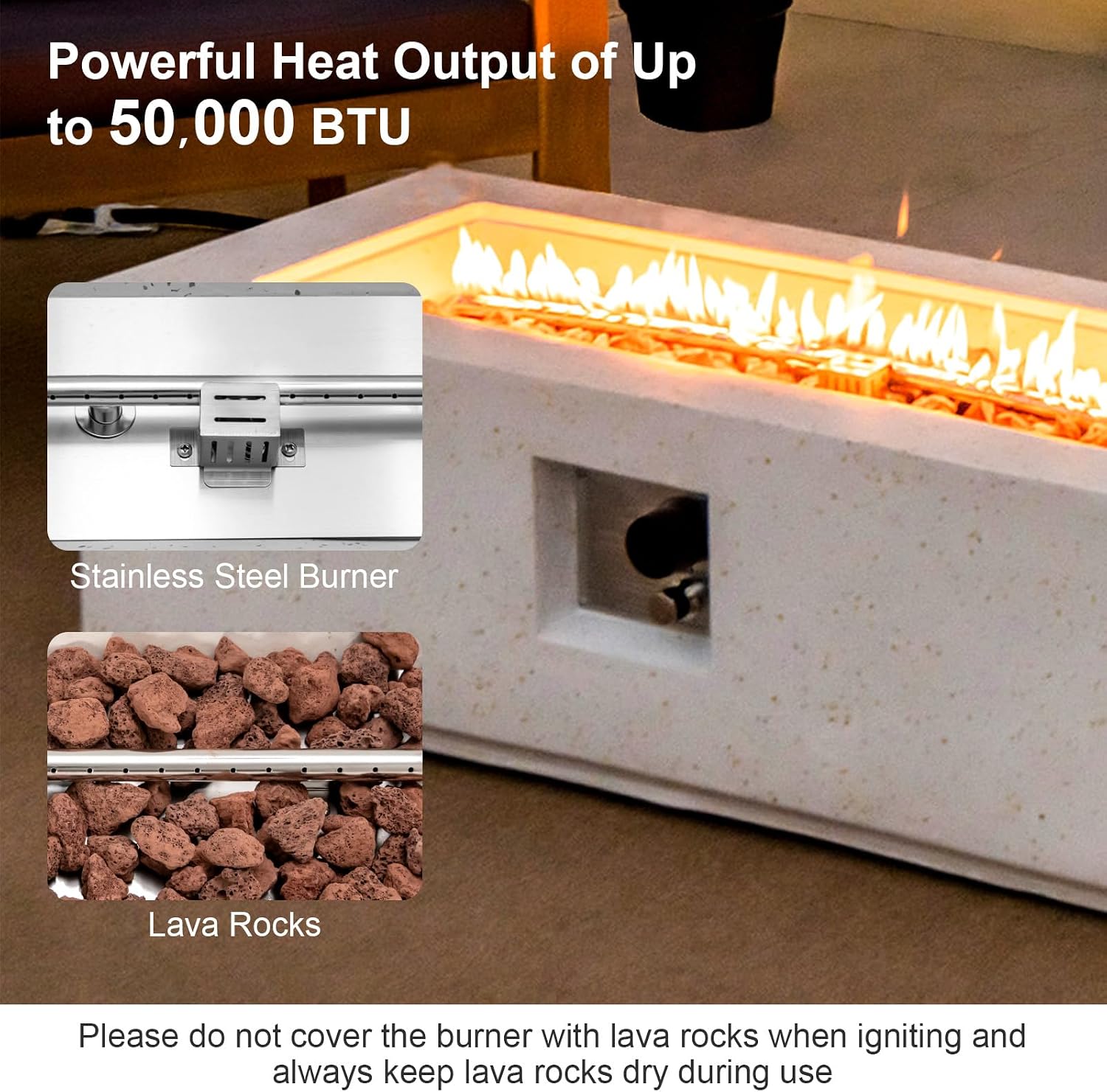 Tangkula 50,000 BTU Outdoor Fire Pit Table, 42' Rectangle Terrazzo Propane Gas Fire Table with Auto-Ignition, Stainless Steel Burner, Lava Rocks & Rain Cover for Patio Backyard Poolside