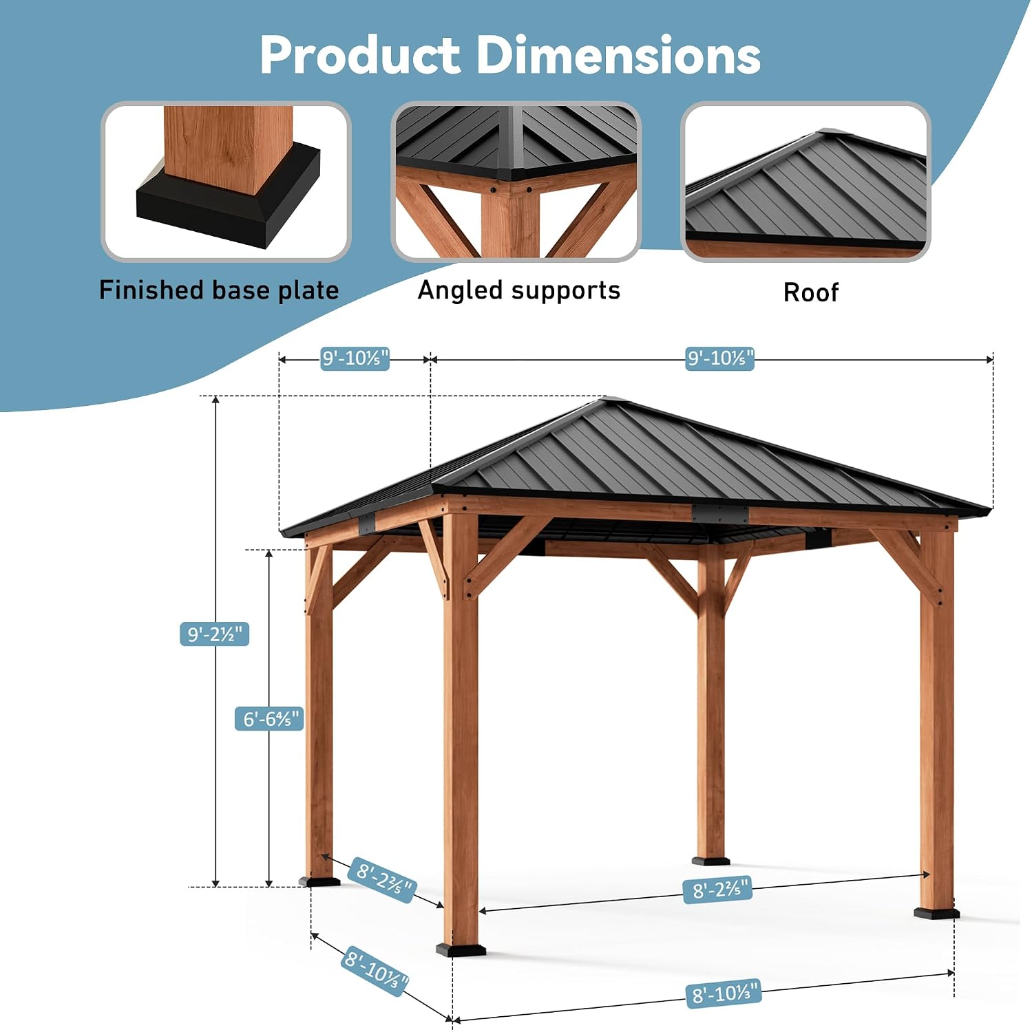 Big Leaf 10'x10' Wood Gazebo with Galvanized Steel Roof - Hardtop Gazebo with Cedar Frame Permanent Outdoor Structure for Garden, Backyard and Patio