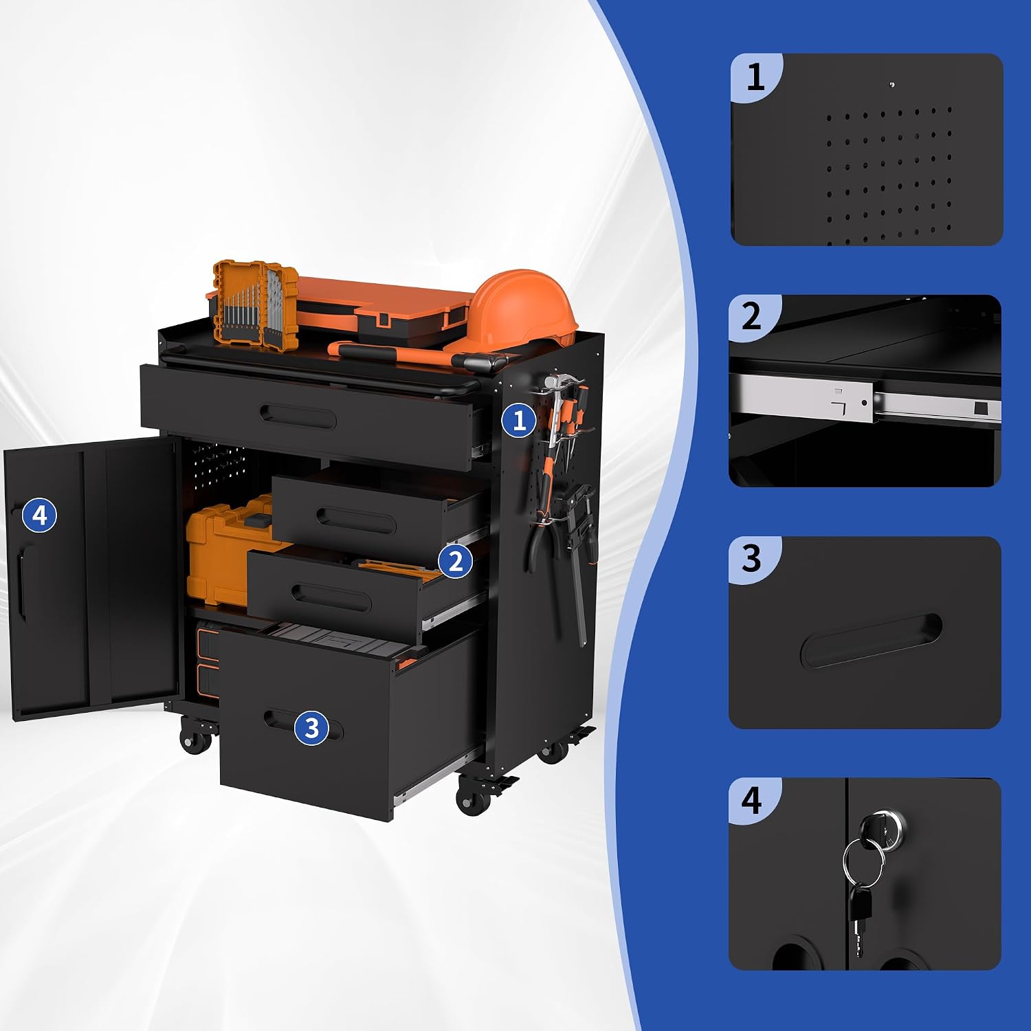 RYH 29.5' W Rolling Tool Cabinet with Metal Garage Storage Cabinet on Wheels, Locking Rolling Tool Chest for Workshop, Heavy Duty Tool Cart with Drawers (Black+, 4 Drawers 1Door34.4 H ×29.5' W)
