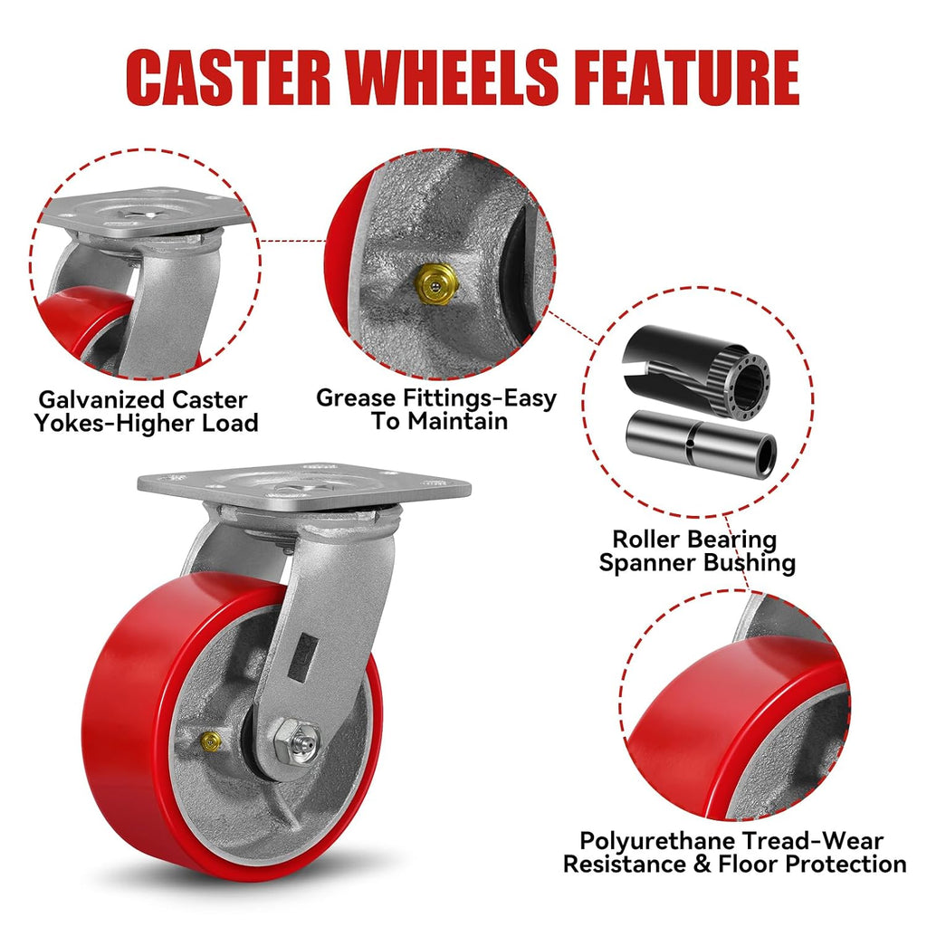 5' X 2' Industrial Plate Swivel Caster Wheels Set of 4 Heavy Duty,Load Capacity 3200lbs, No Noise Polyurethane Wheel on Steel Hub for Toolbox Workbench
