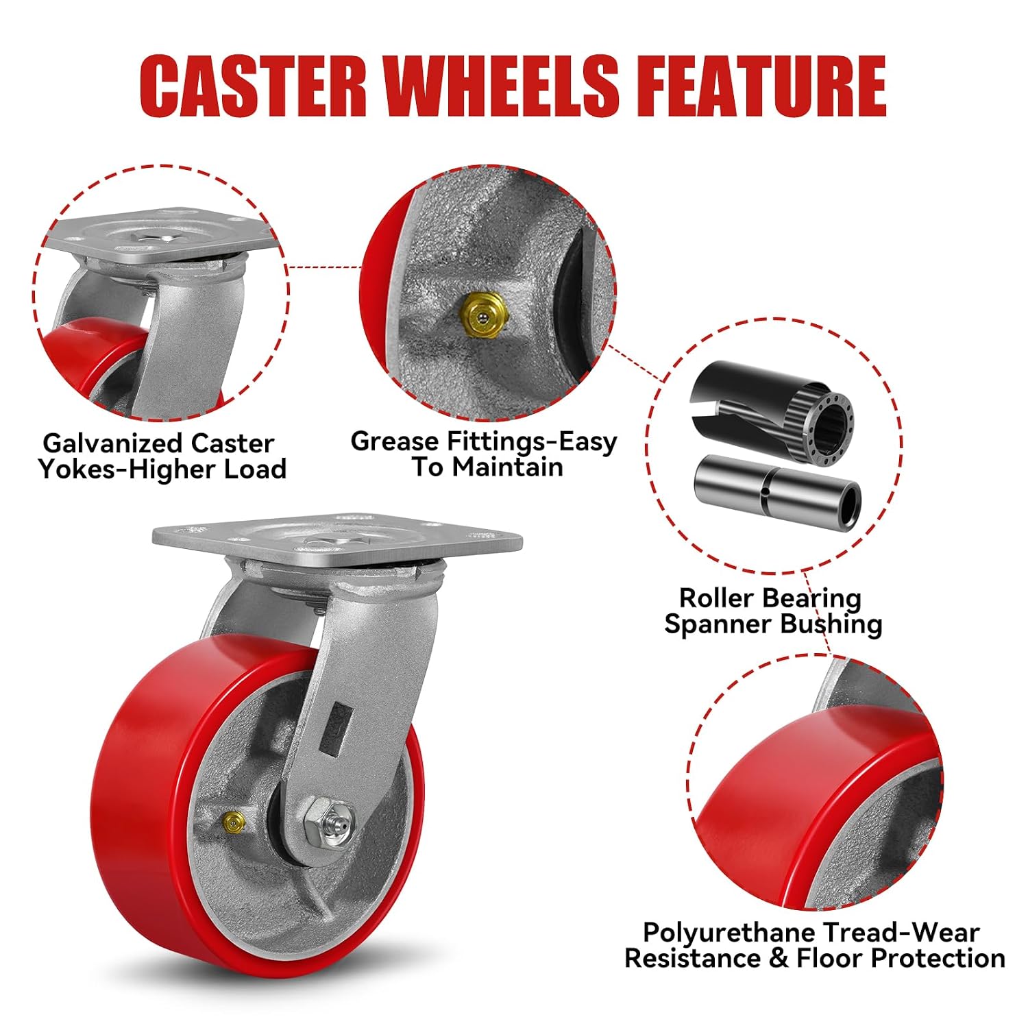 5' X 2' Industrial Plate Swivel Caster Wheels Set of 4 Heavy Duty,Load Capacity 3200lbs, No Noise Polyurethane Wheel on Steel Hub for Toolbox Workbench