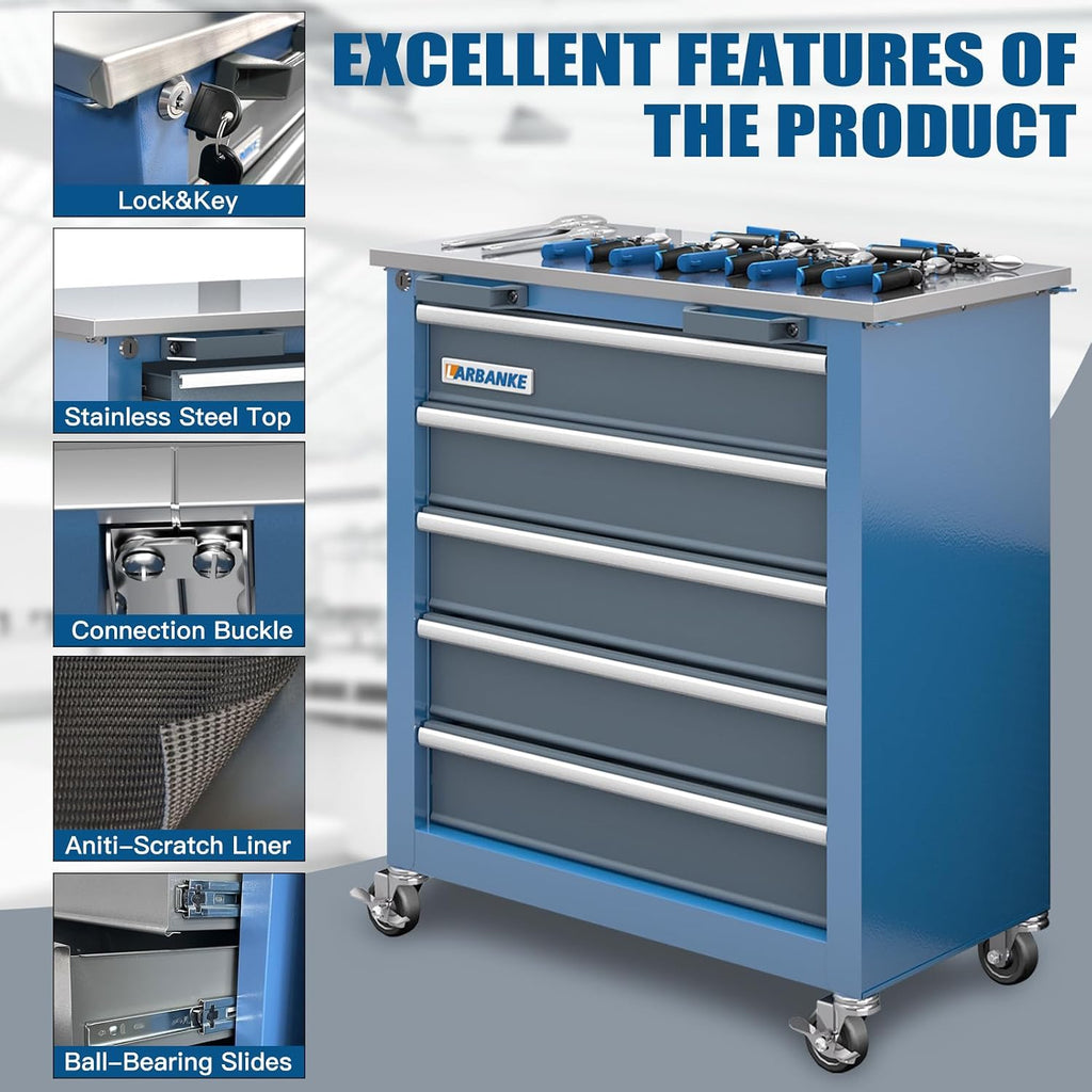 LARBANKE Combination Tool Chest with Lock,5-Drawer/2 Door Tool Cabinet can be Interconnected,Rolling Tool Chest with Wheels and Padded Feet,with Stainless Steel Protective Film Countertop