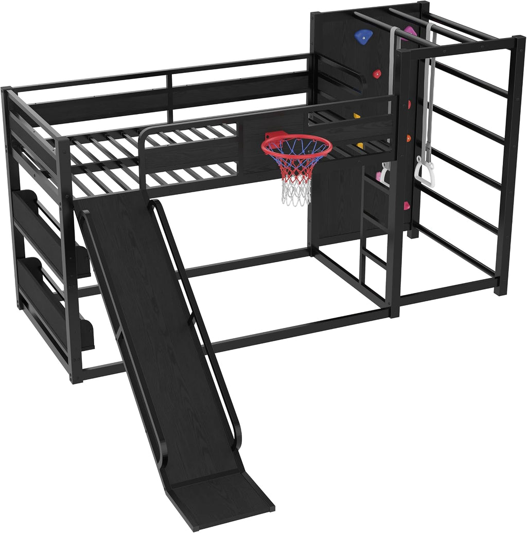 SOFTSEA Twin Size Metal Loft Bed with Slide, Heavy Duty Bunk Bed with Basketball Hoop, Climbing Wall & Pull Up Rings for Kids Teens Adults, Basketball Slide Bed, No Noise, Black
