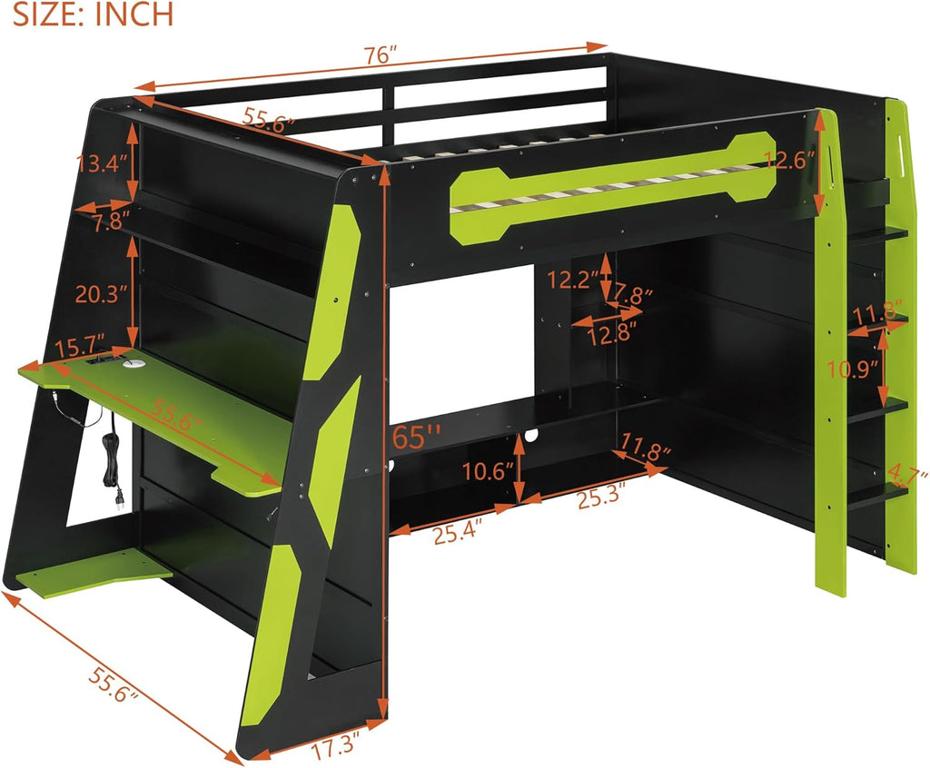 LUMISOL Full Size Gaming Loft Bed with Desk, Multi-Storage Shelves, RGB LED Lights & Built-in Charging Stations for Teens & Adults, Heavy Duty Support, Green Black