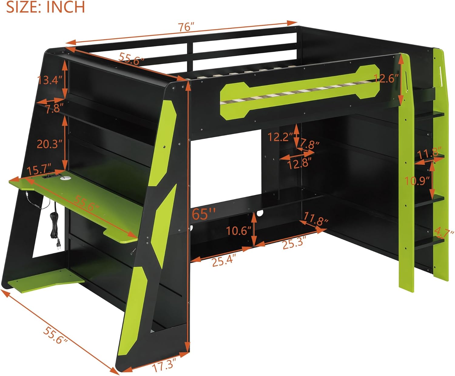 LUMISOL Full Size Gaming Loft Bed with Desk, Multi-Storage Shelves, RGB LED Lights & Built-in Charging Stations for Teens & Adults, Heavy Duty Support, Green Black