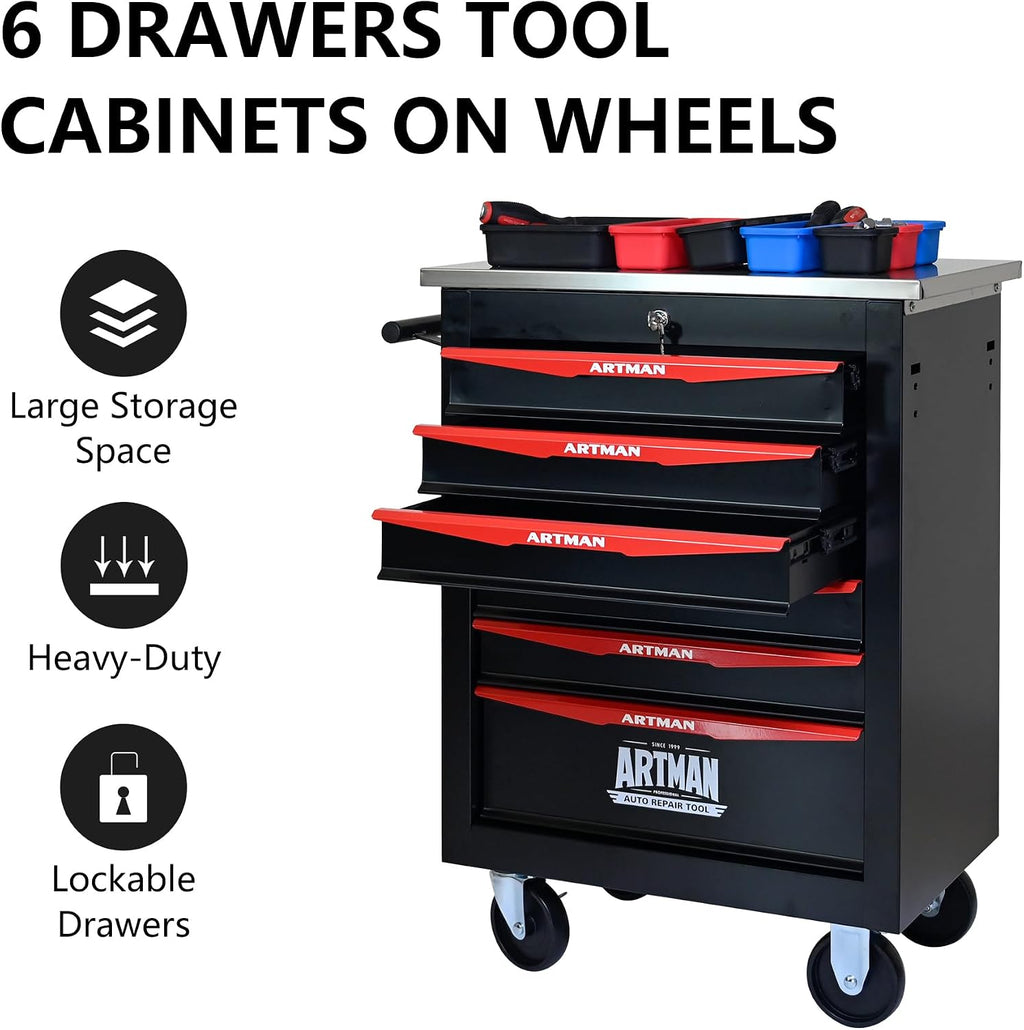 6-Drawer Tool Chest with Wheels, Combinable Rolling Tool Cart, Rolling Tool Box，Storage Organizer Cabinet for Garage,Warehouse, Repair Shop, Workshop