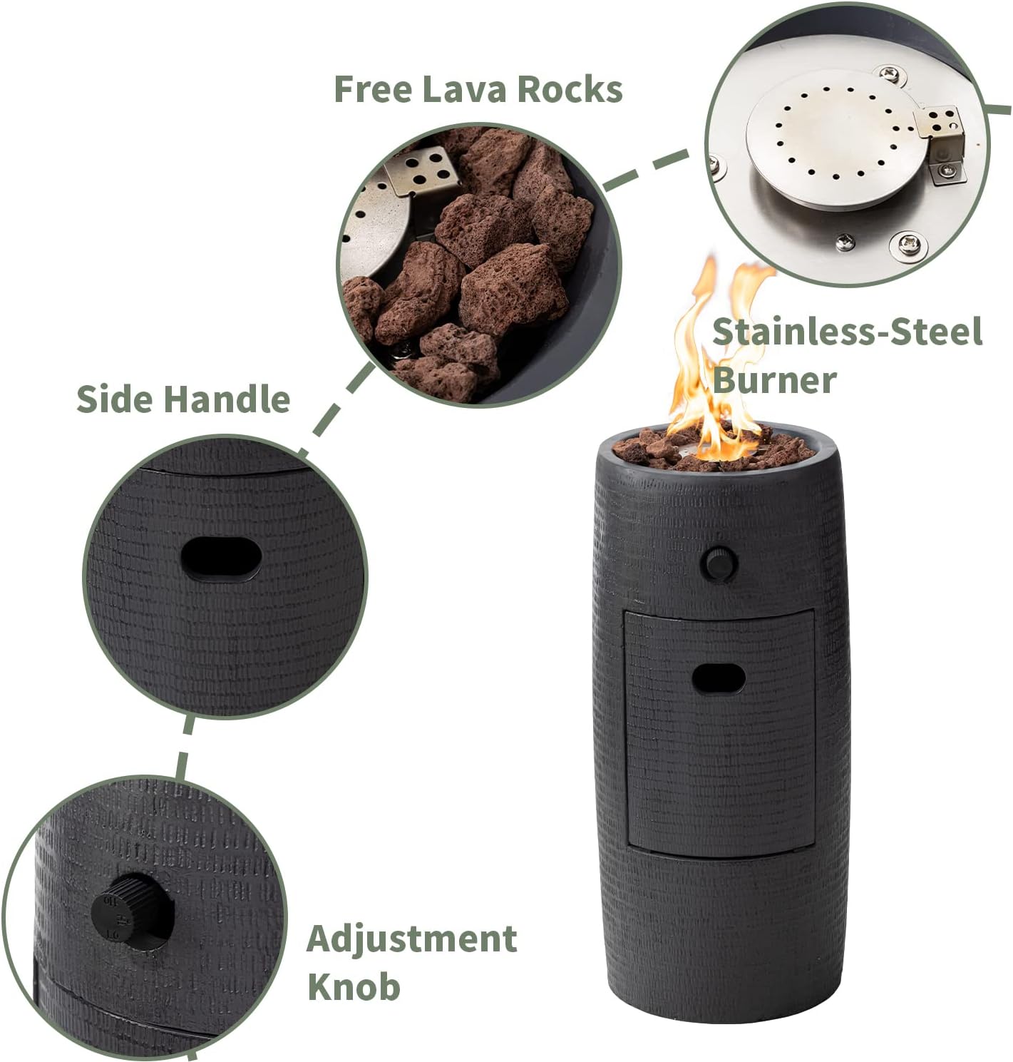 COSIEST Outdoor Propane Fire Pit Table w Compact Ledgestone 11-inch Round Graphite Base, Certified, 40,000 BTU, Free Lava Rocks, Touch-up Pen, Fits 20lb (Black)
