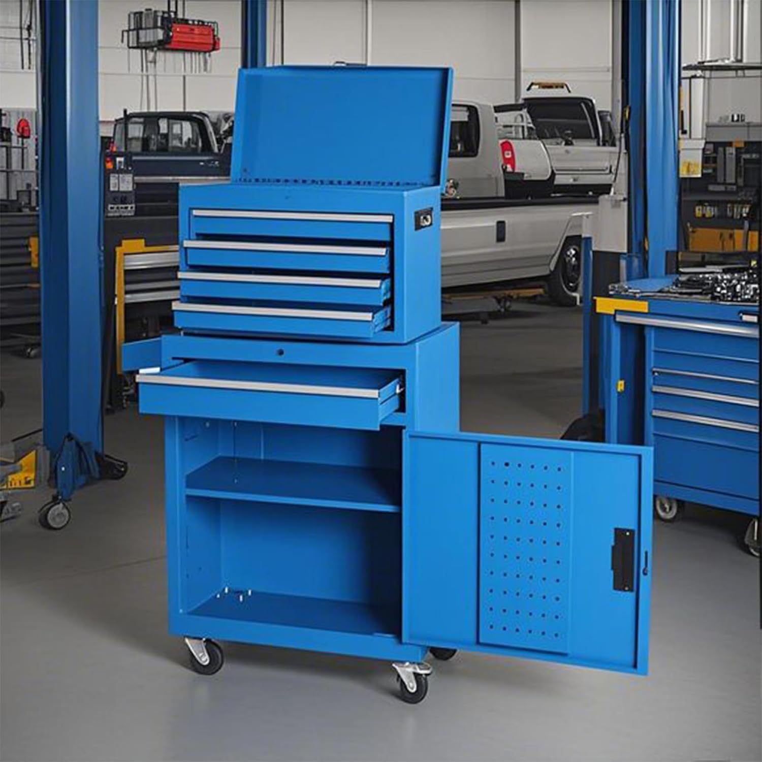 5 Drawers Tool Cart with Wheels & 1 Cabinet,Detachable Portable Top Box,Lock Rolling Tool Chest Trolley Organizer Set,Multifunctional Tool Box w/Storage Lockers for Garage & Workshop (Blue)