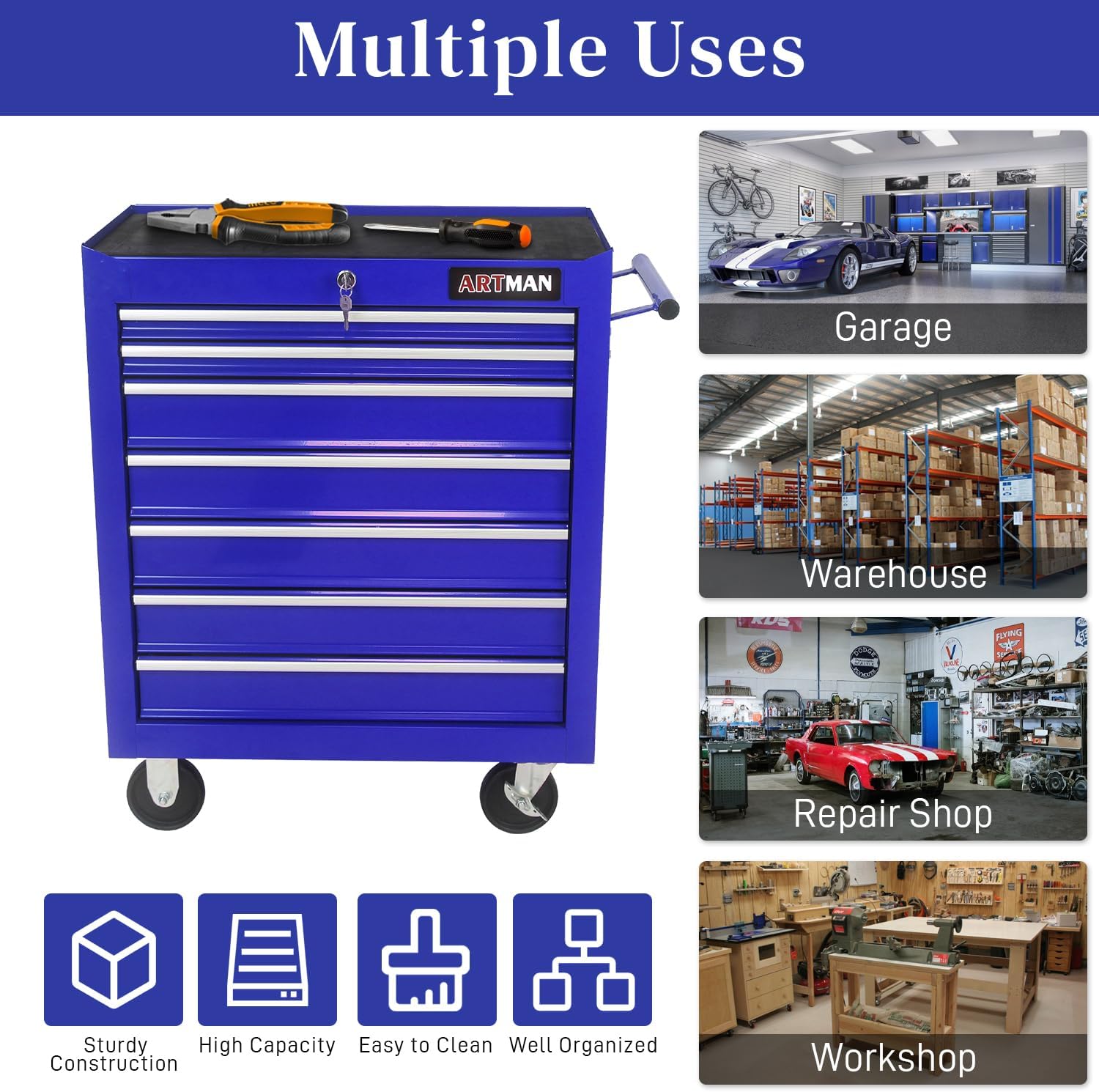 Rolling Tool Chest with 7-Drawer Tool Box with Wheels Multifunctional Tool Cart Mechanic Tool Storage Cabinet for Garage, Warehouse, Workshop, Repair Shop (Blue)