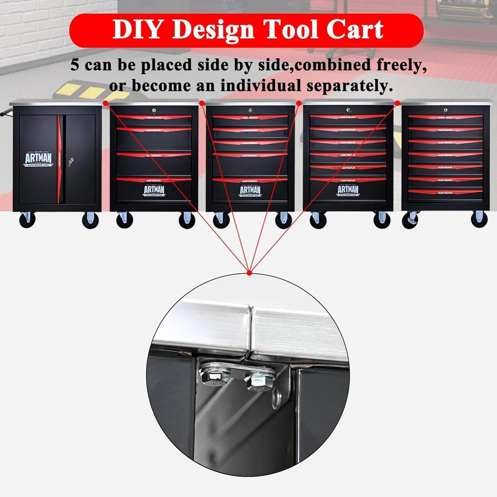 5 Drawers Tool Cart on Wheels, Stainless Steel Countertop Multifunctional Rolling Tool Storage Chest, Drawer Rolling Trolley Organizer Tool Box for Garage,Workshop(5 Drawers-Black)