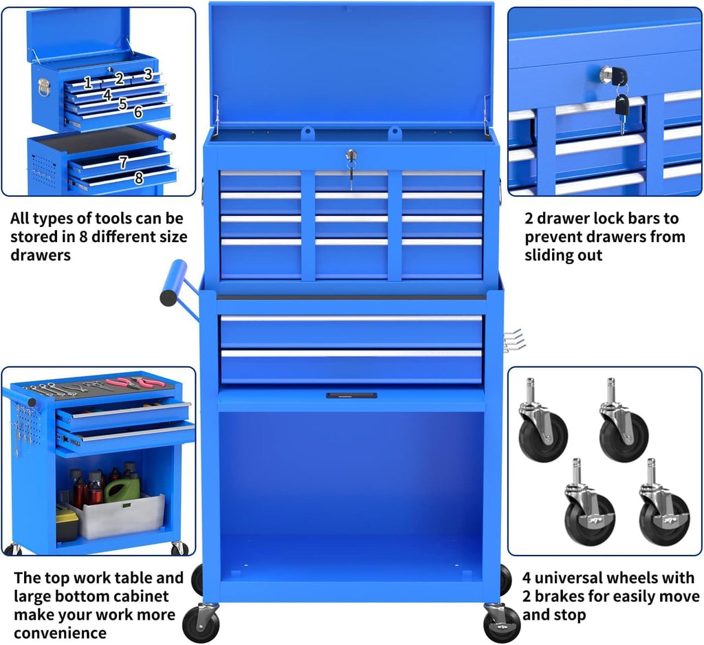 8-Drawer High Capacity Rolling Tool Box with Wheels,Rolling Tool Chest with Drawer,Tool Box on 4 Wheels with Lock, Tool Storage Cabinet Removable Portable Box for Garage Warehouse