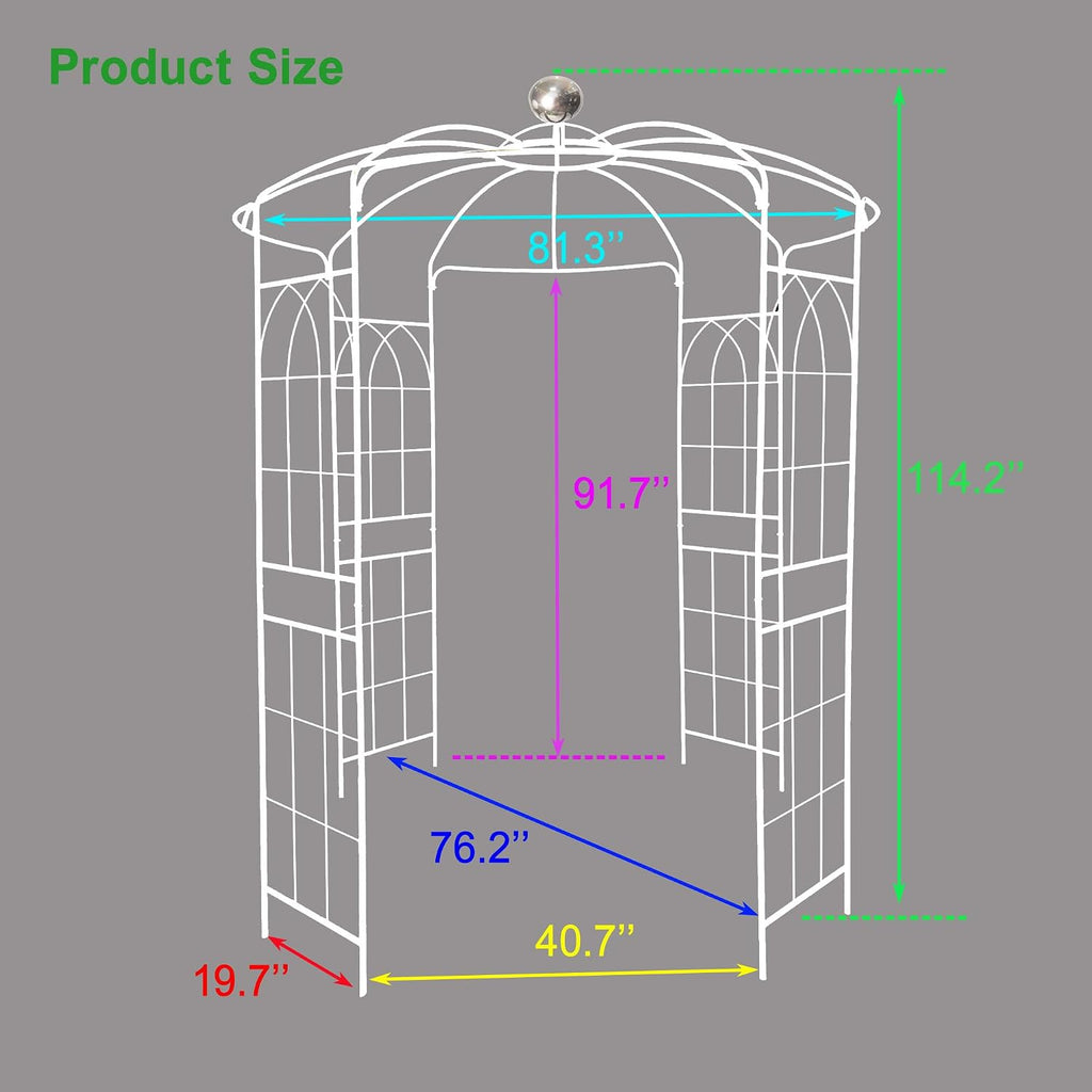 Metal Outdoor Garden Arch Iron Arbors Gazebo with Powder Coating Surface Treatment,High Birdcage Shape Pergola Pavilion,W/Screws,for Wedding Ceremony,Yard,White,81.3'x 114.2'